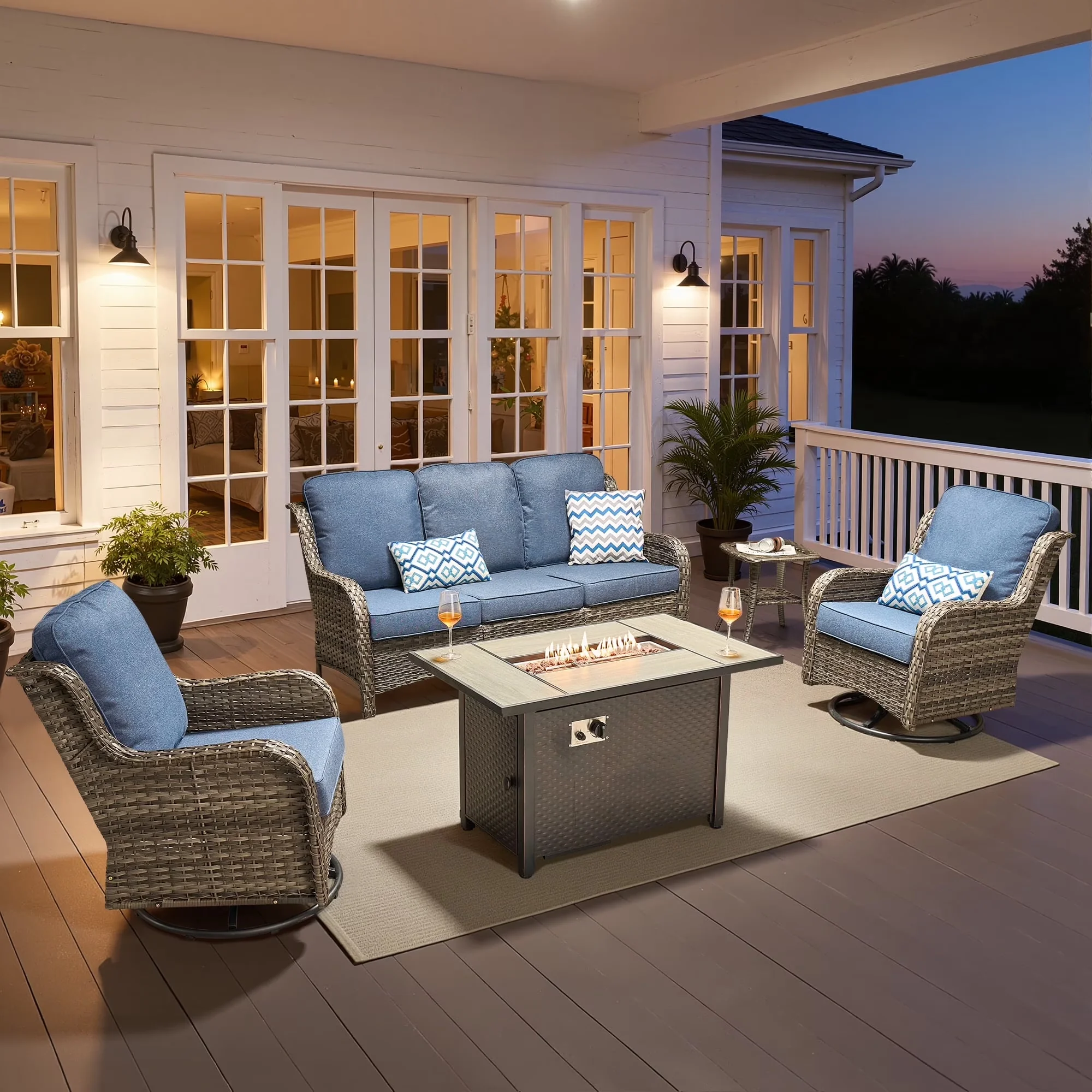 Premium Patio Conversation Set with Weatherproof, Denim Blue - Blue Wicker Model 96CE81