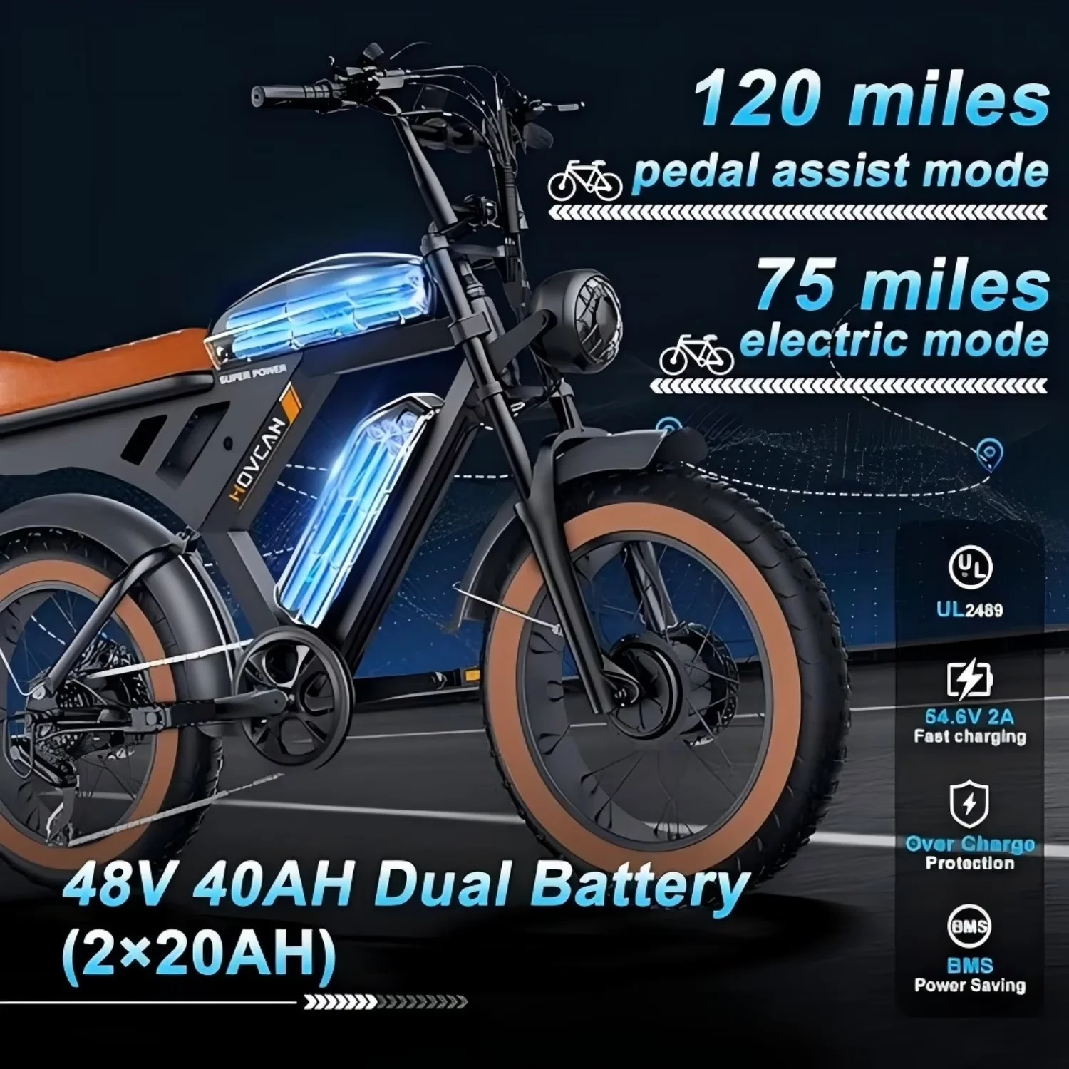 Electric Bike Premium with Battery, 3000W, 37.5MPH Max Speed - Black - Rustic Charm Model DD0952