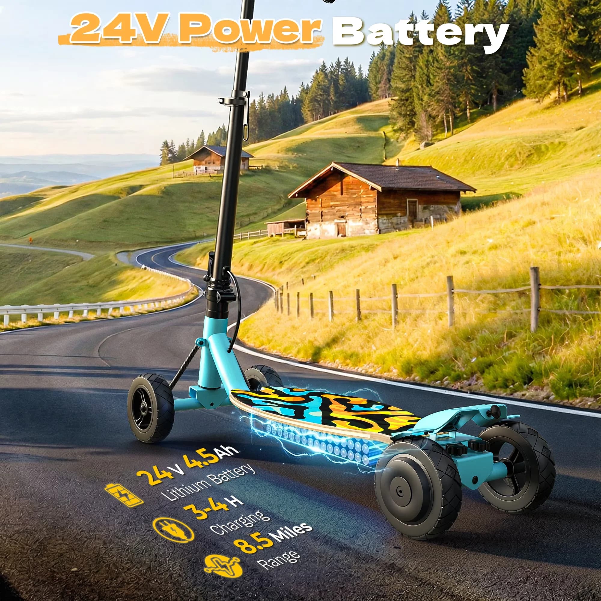 Scooter Quality with LED, 250W, 24V 4 Wheel Electric - Metal Blue - Sleek Profile Model 3FB639