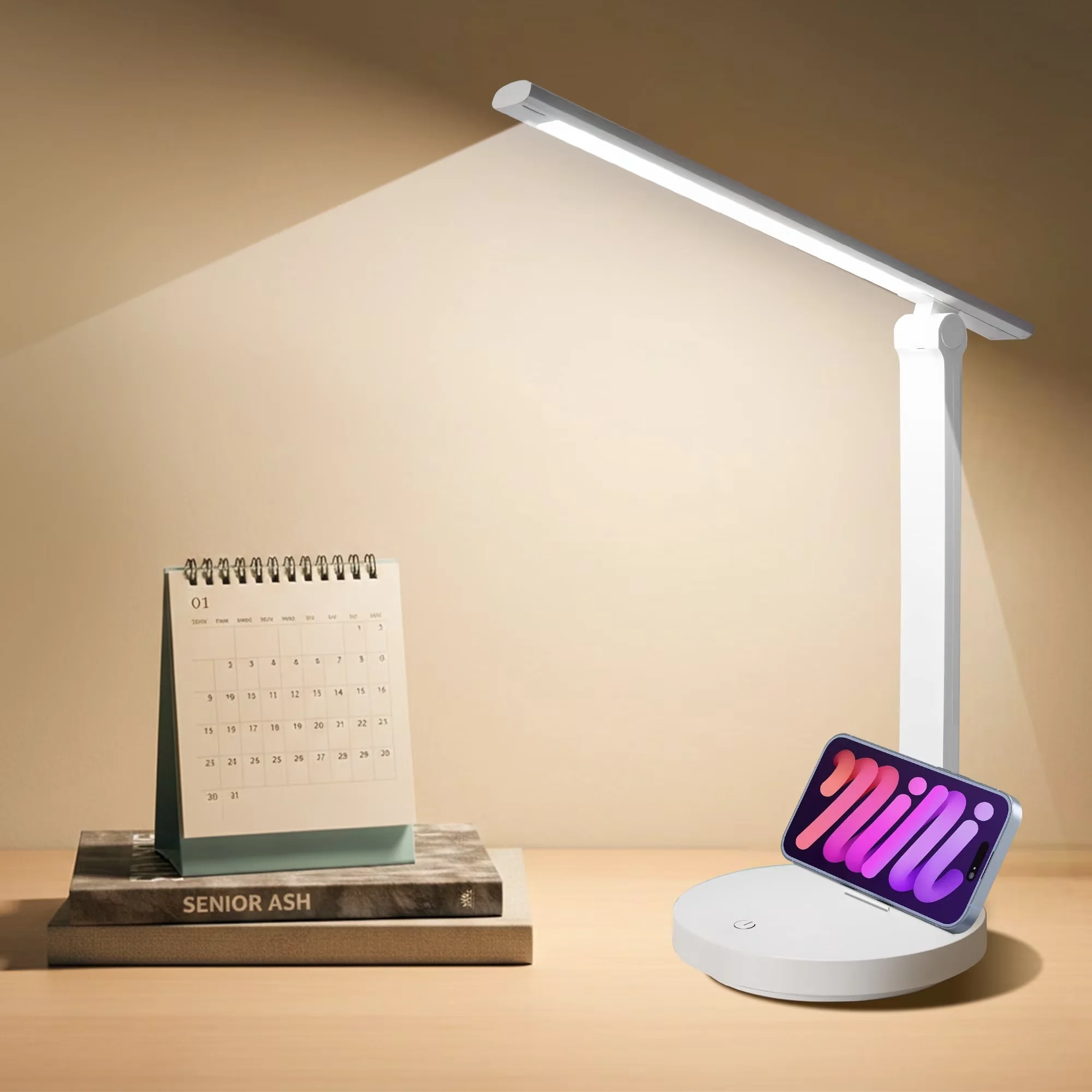 Modern Desk Lamp with LED, Dimmable, Rechargeable LED - White Plastic for Home, Office Model 729936