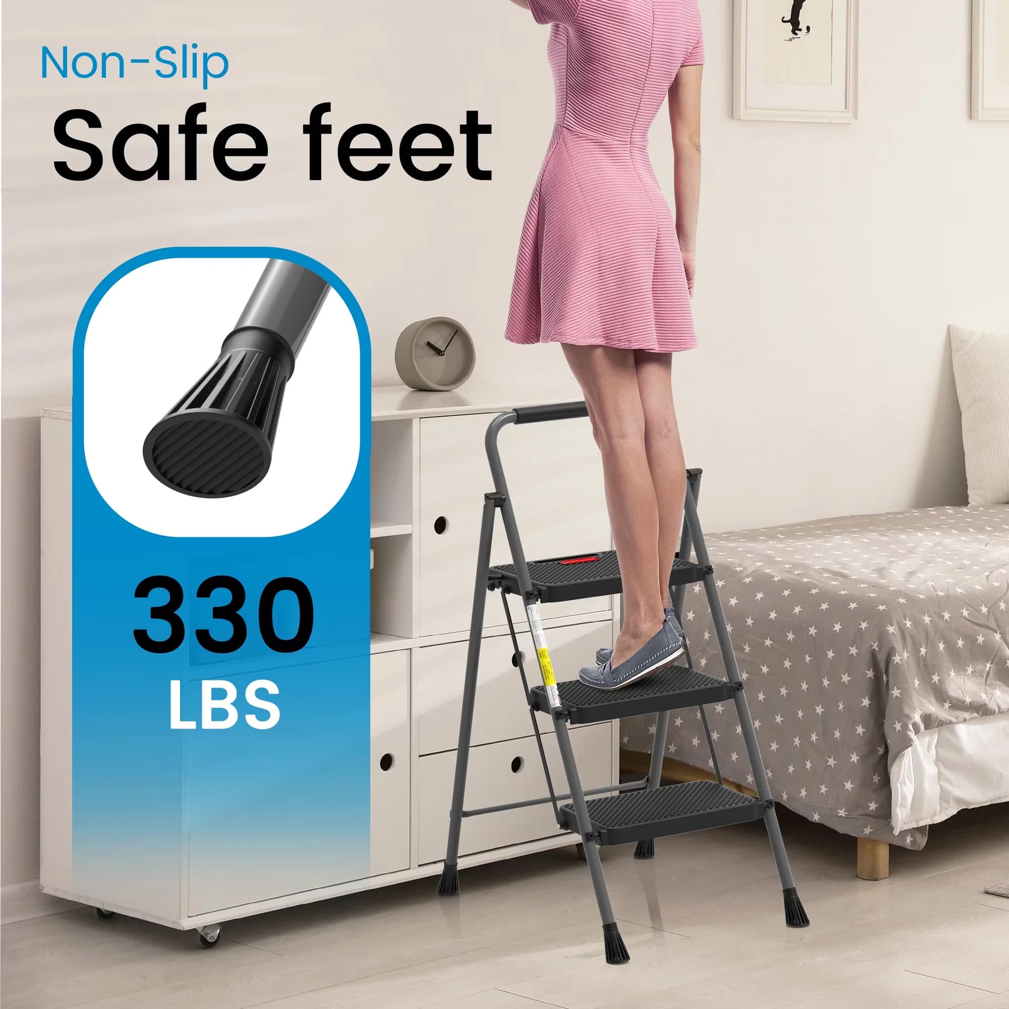 Efficient Ladders And Step Stool with Lock-On Button, 330lbs, Anti-Slip Wide Pedal - Gray Alloy Steel, Metal, Rubber Model 3C29A3