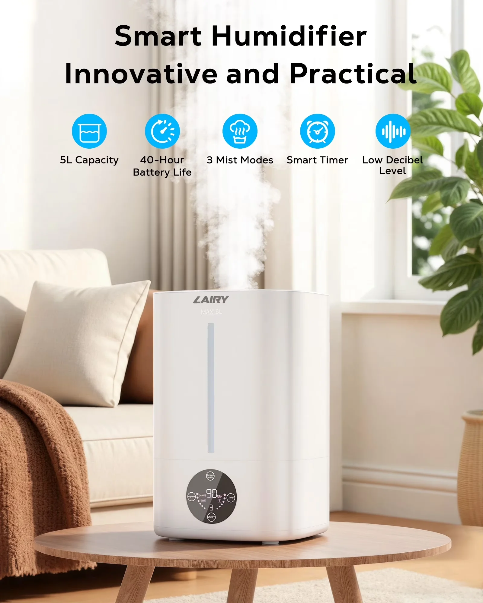 Stylish Humidifier with Adjustable Humidistat, 5L Cool Mist - White for Everyday Use Model EF68BE