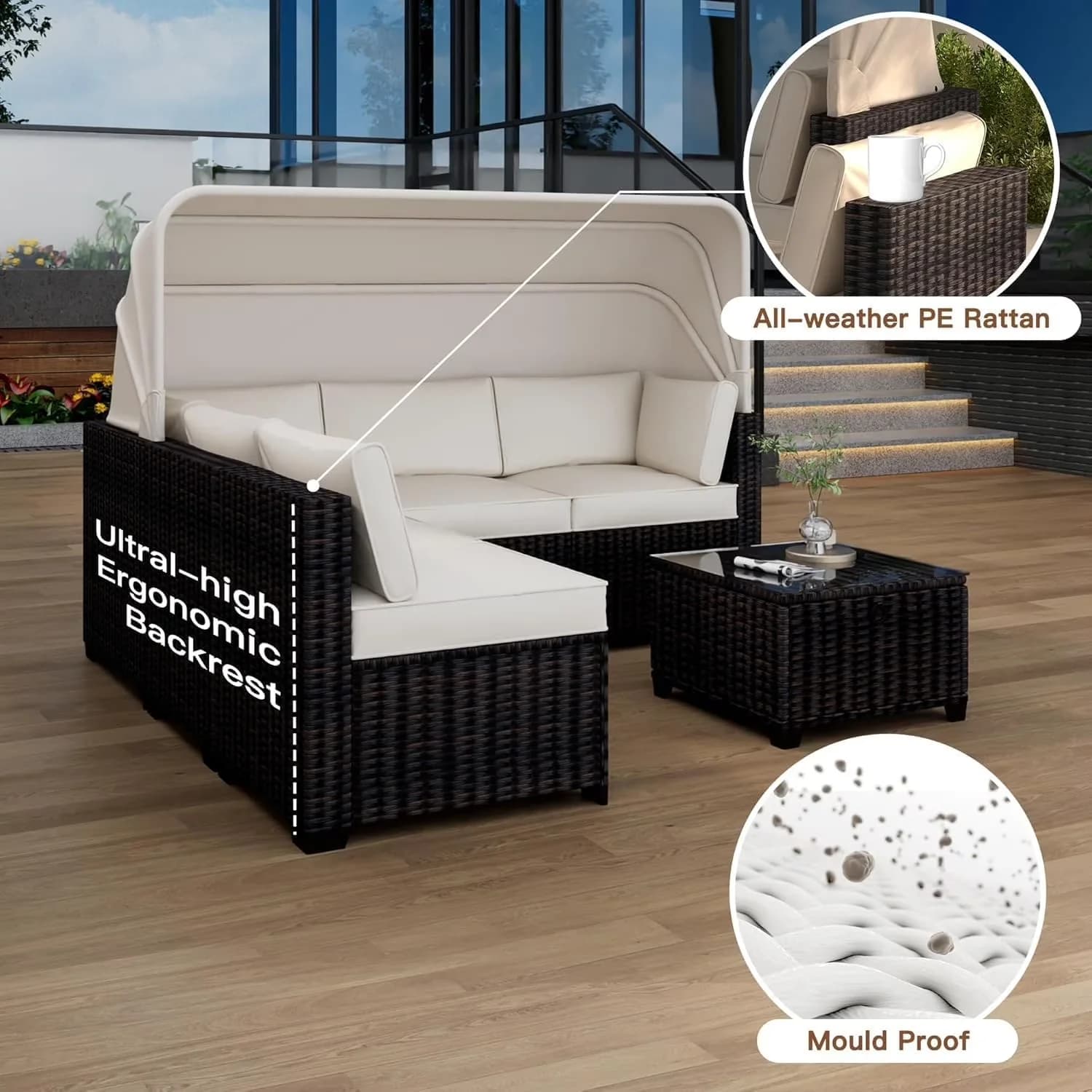 Outdoor Sofas Sectional Classic with Uv Resistant, Rustic/Lodge, Modern - Steel Frame + Pe Rattan Wicker Brown for Garden Model C77039