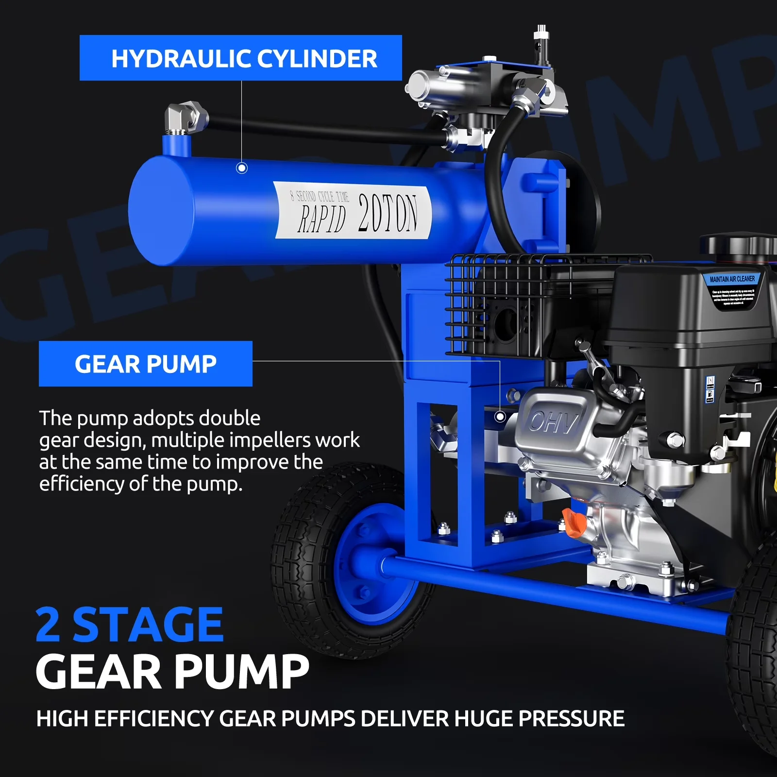 Sleek Logsplitter with Wheeled, 10" Pneumatic Wheels, 7 HP-4 Stroke Engine - Blue Model 9FB006