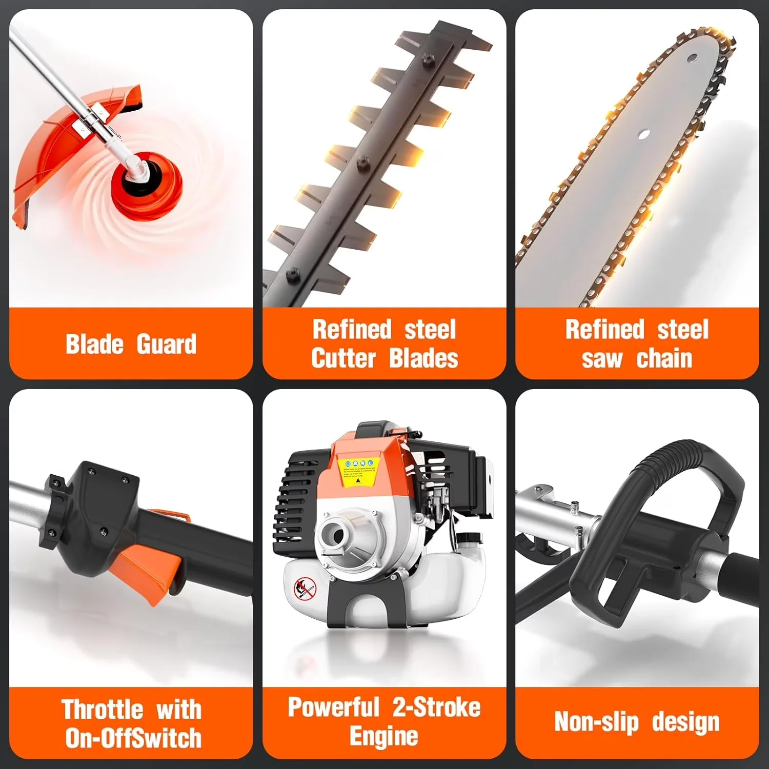 Essential String Trimmer with Antivibration, Lawn Mower, 52cc 2-Stroke 6-in-1 Gasoline Fence - Orange Model C68D2A