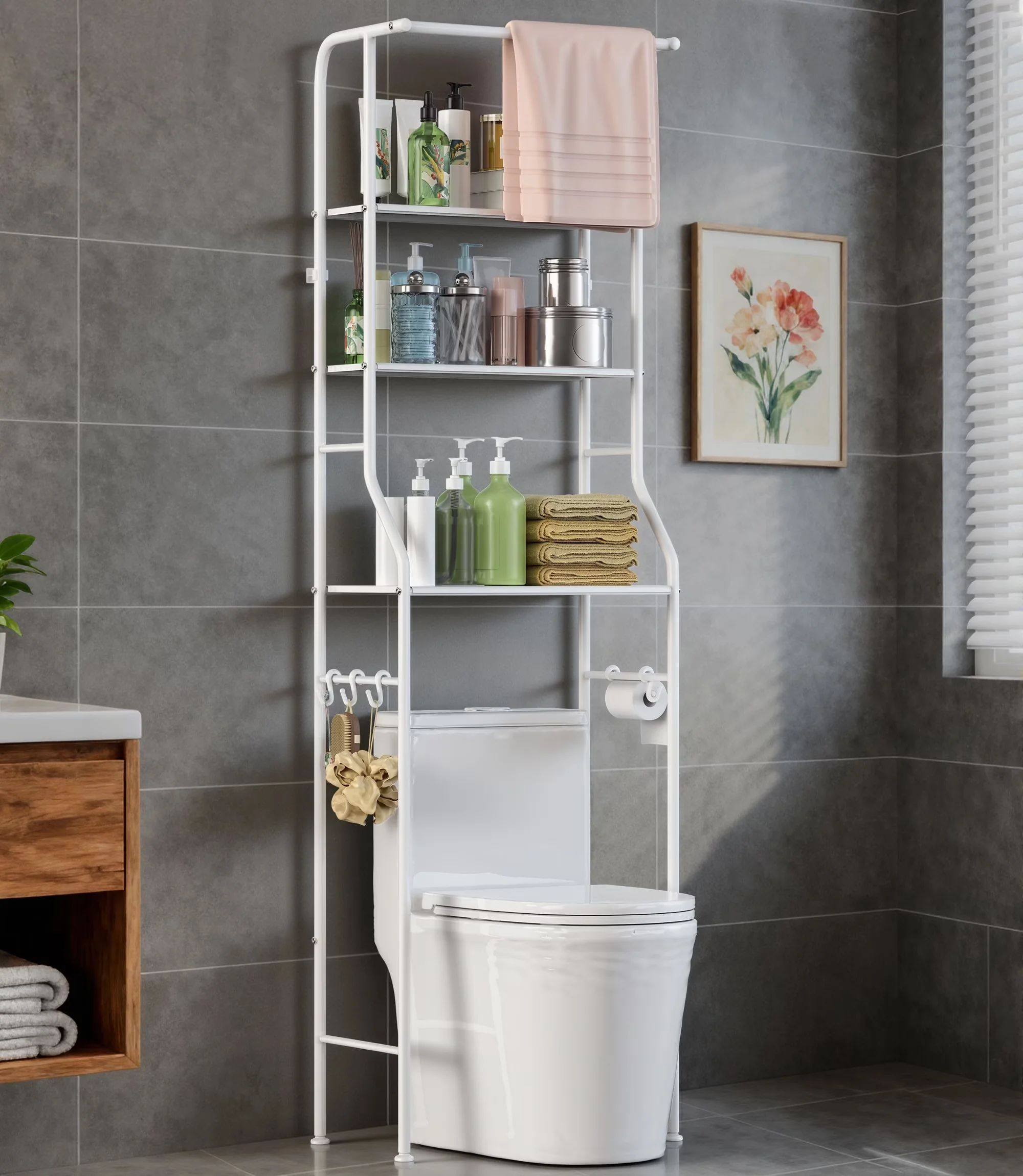 Durable Bathroom Renovation with Expandable, Over the Toilet Storage Rack - Steel White Model 3816DA