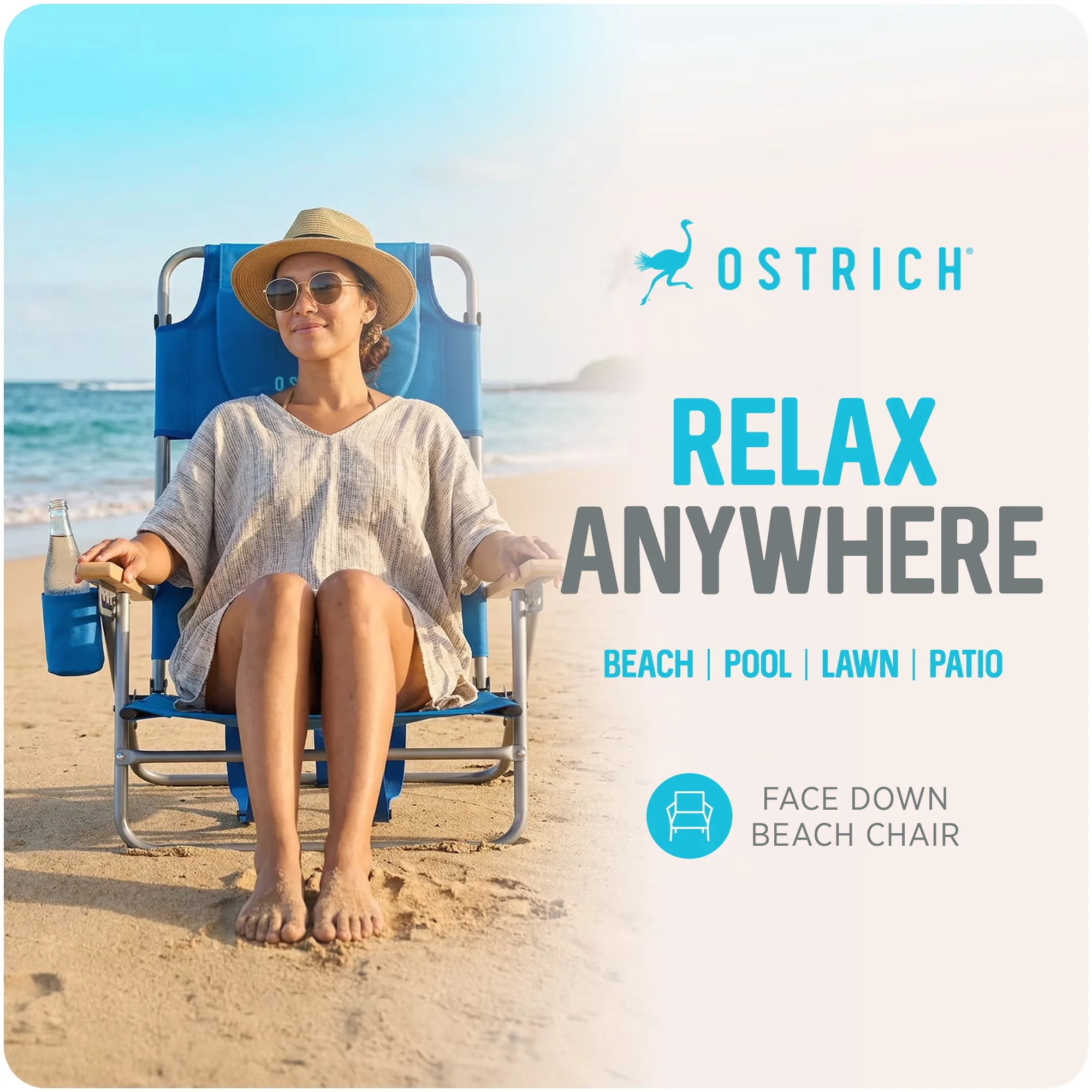 Efficient Beach Chair with Folding, Face Hole & Cup Holder, The Tommy-O Backpacker - Blue Model 4B32D5