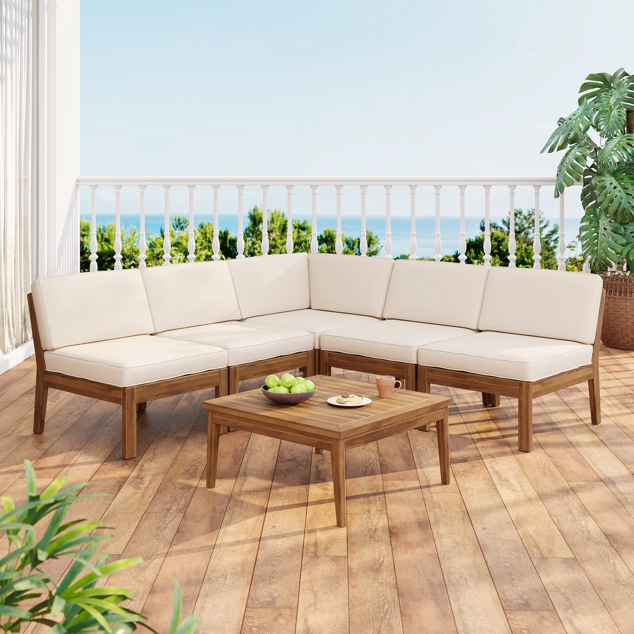 Durable Outdoor Sofas Sectional with Mid-Century, Removable Cushion Cover - Brown Acacia Wood + Water Repellent Fabric Model 19060A