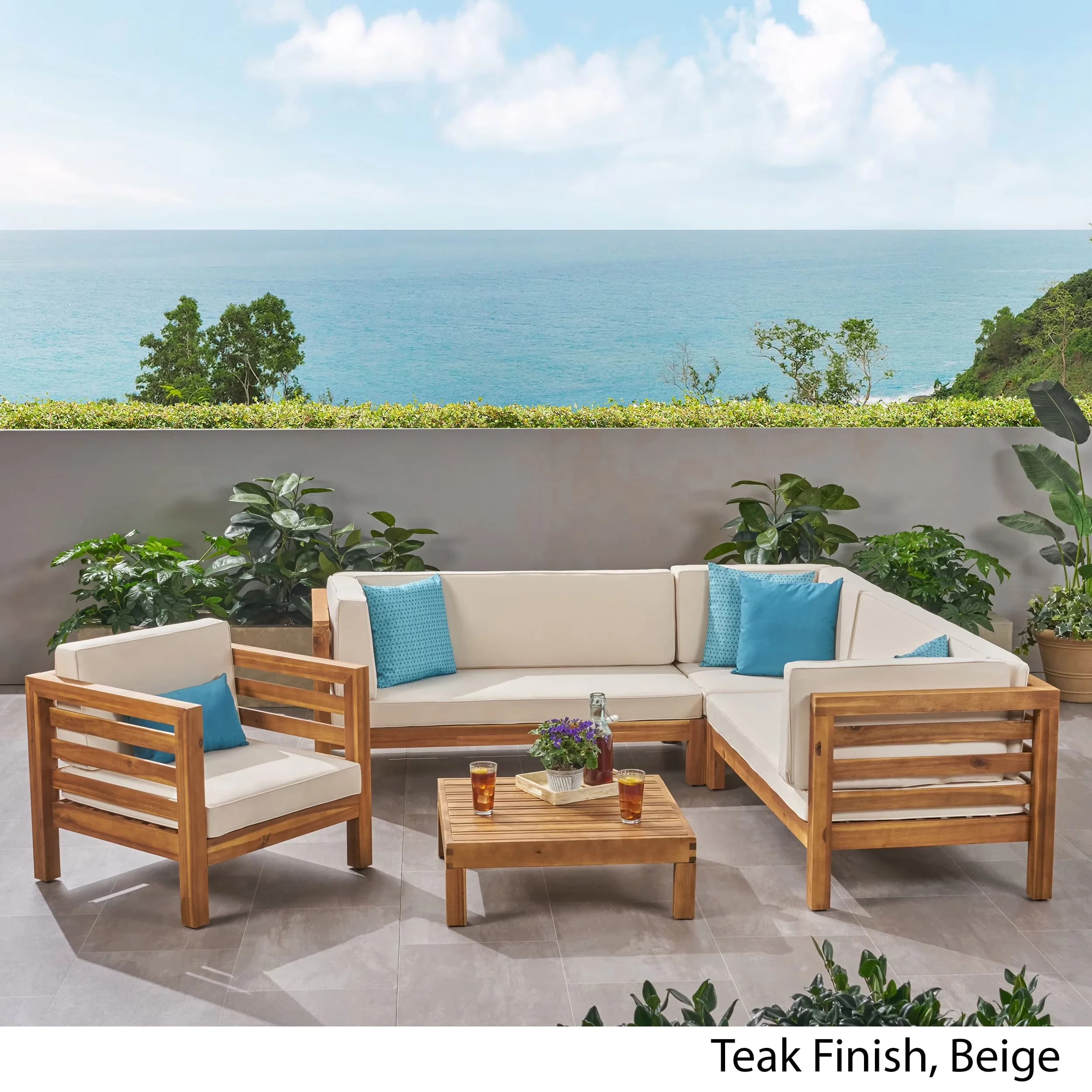 Efficient Outdoor Sofas Sectional with Mid-Century, Water-Resistant, Fabric Composition: 100% Polyester - Beige Acacia Wood, Water... Model 86F358