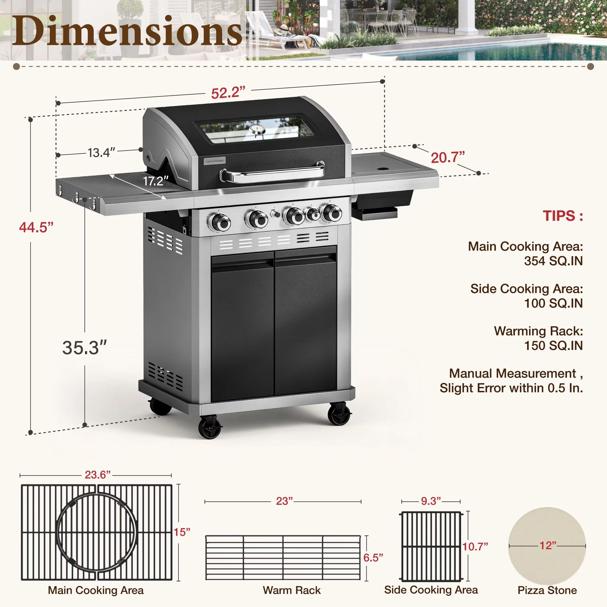 Gas Grill Durable with 13500 BTU, Grease Pan - Black Porcelain Enameled; Stainless Steel Model E48F47