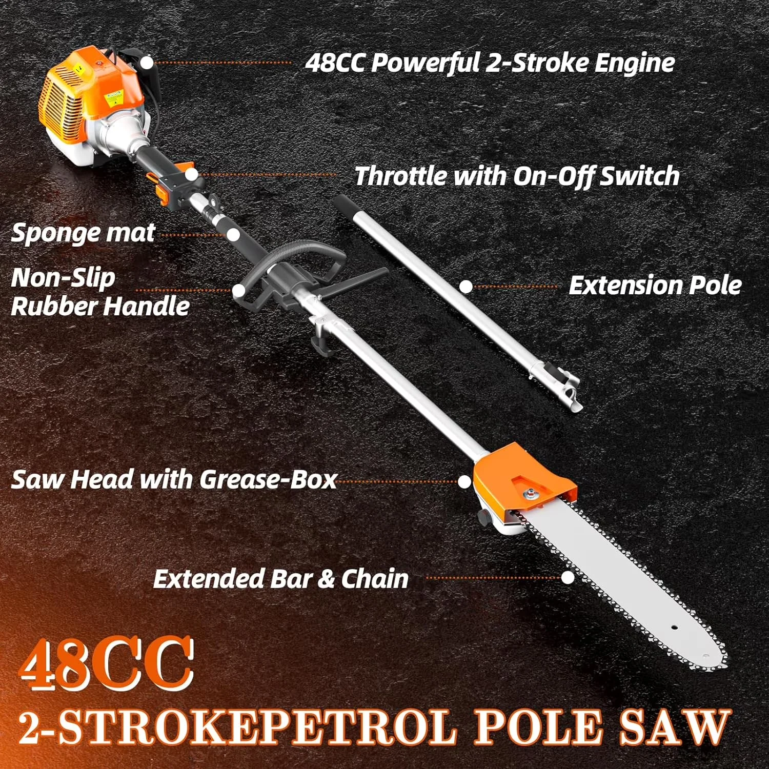 Pole Saw Innovative with Chain Brake, Replaceable Cutting Blade, 48CC Gas Powered Saws - Model D381AC