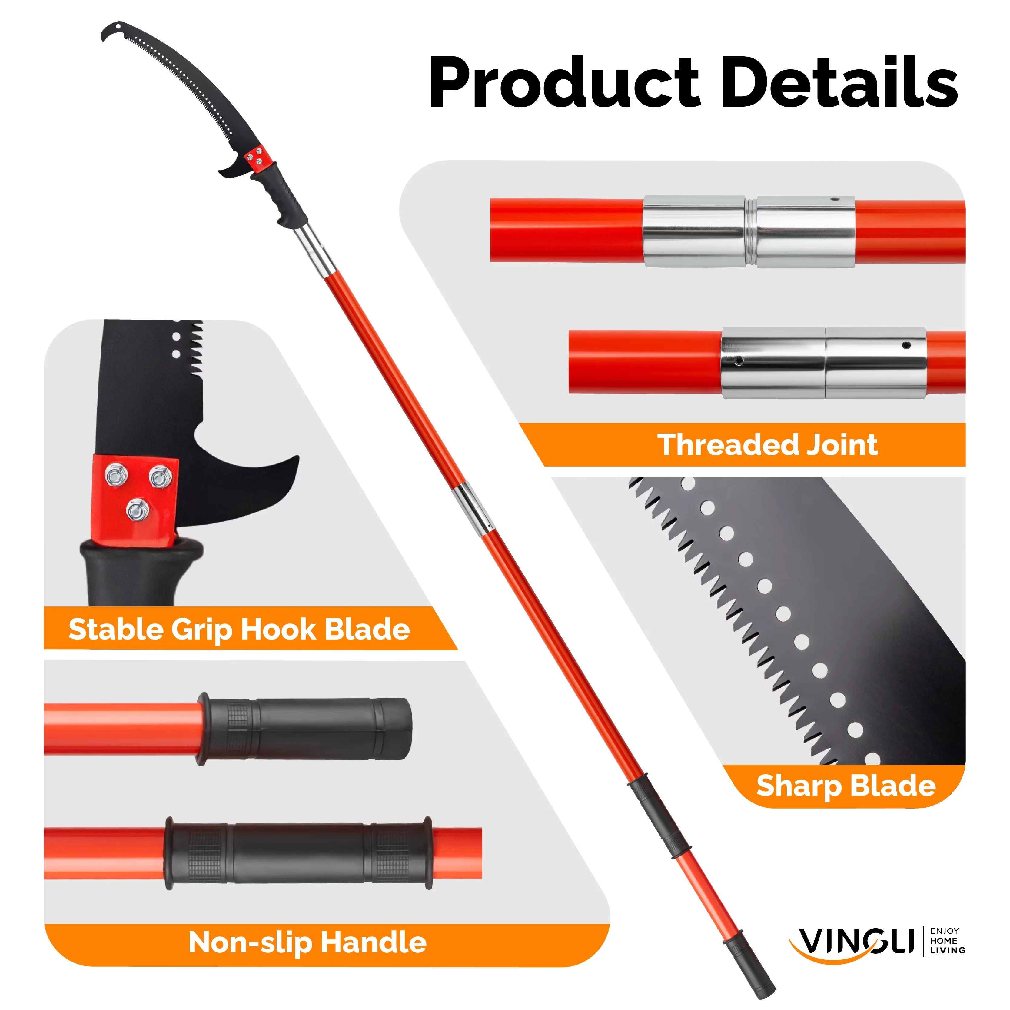 Pole Saw Reliable with Telescoping, Orange, Sharp Steel Cutter & Carry Case - Orange Model E8BEA1