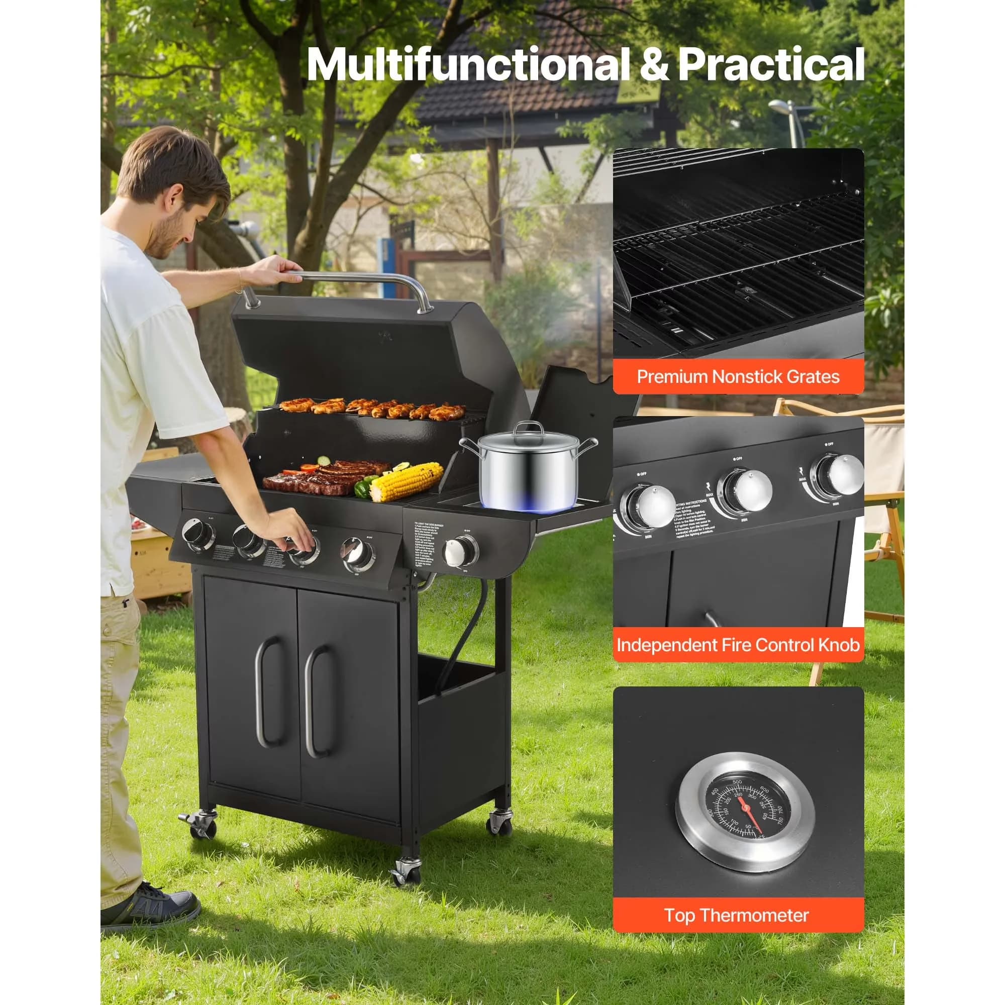 Quality Gas Grill with 52000 BTU, Warming Rack, 4-Burner Propane - Steel Black Model 126C65