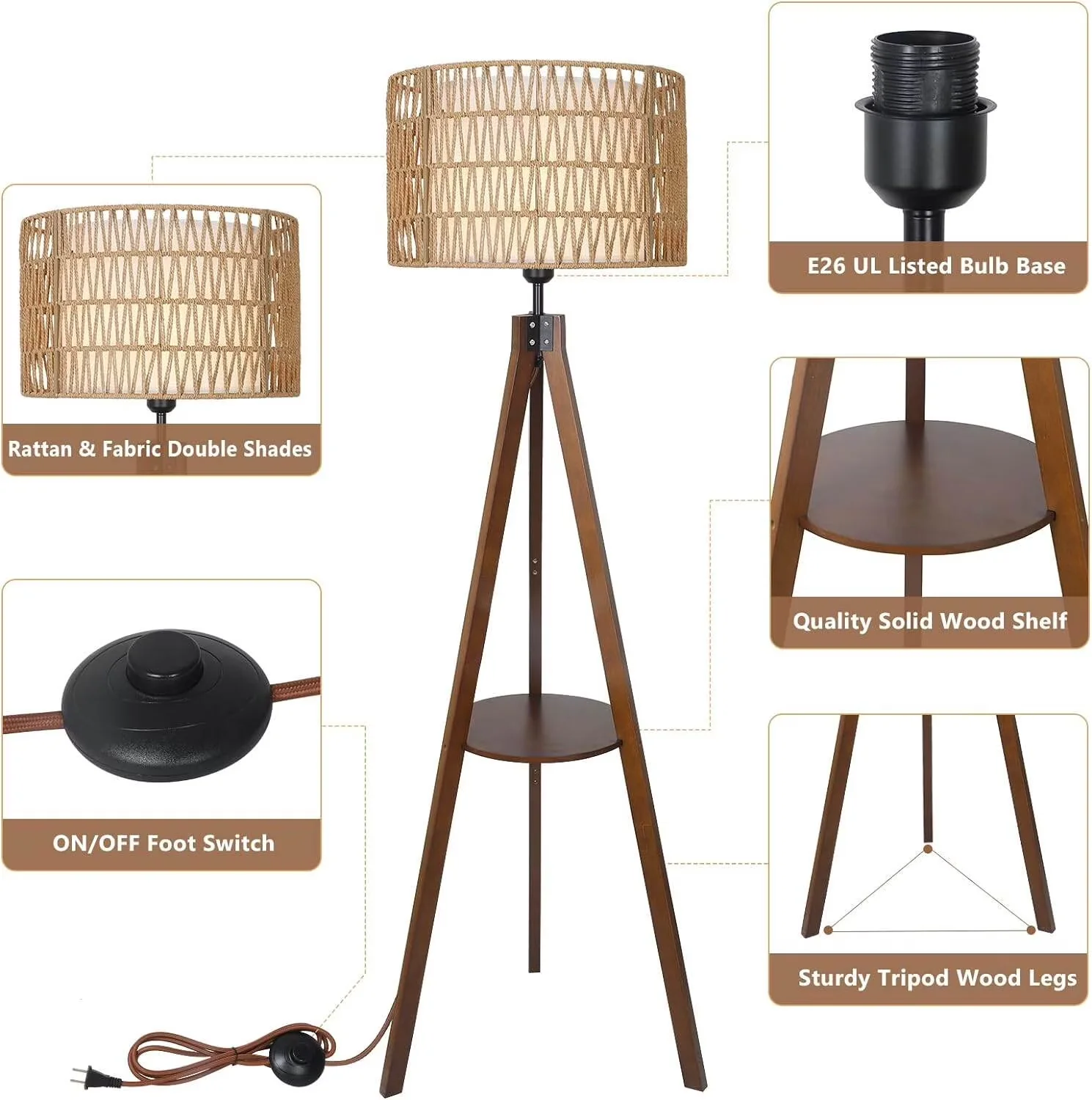 Versatile Floor Lamp with LED, Dimmable - Brown Wood for Living Room, Bedroom Model C19756