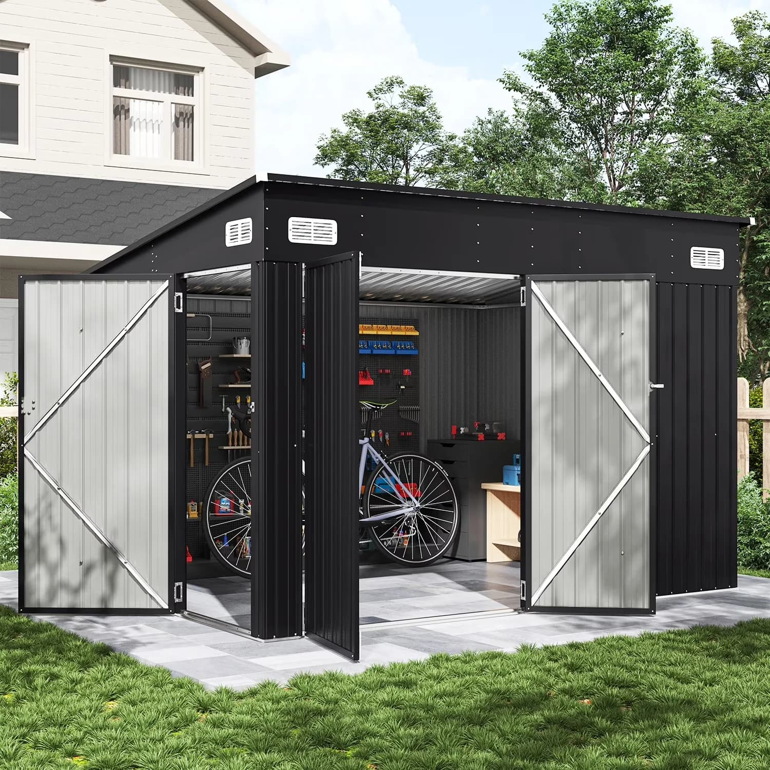 Quality Shed with Lockable Door - Black Metal 5x7 - Compact and Portable Model 69F5CD