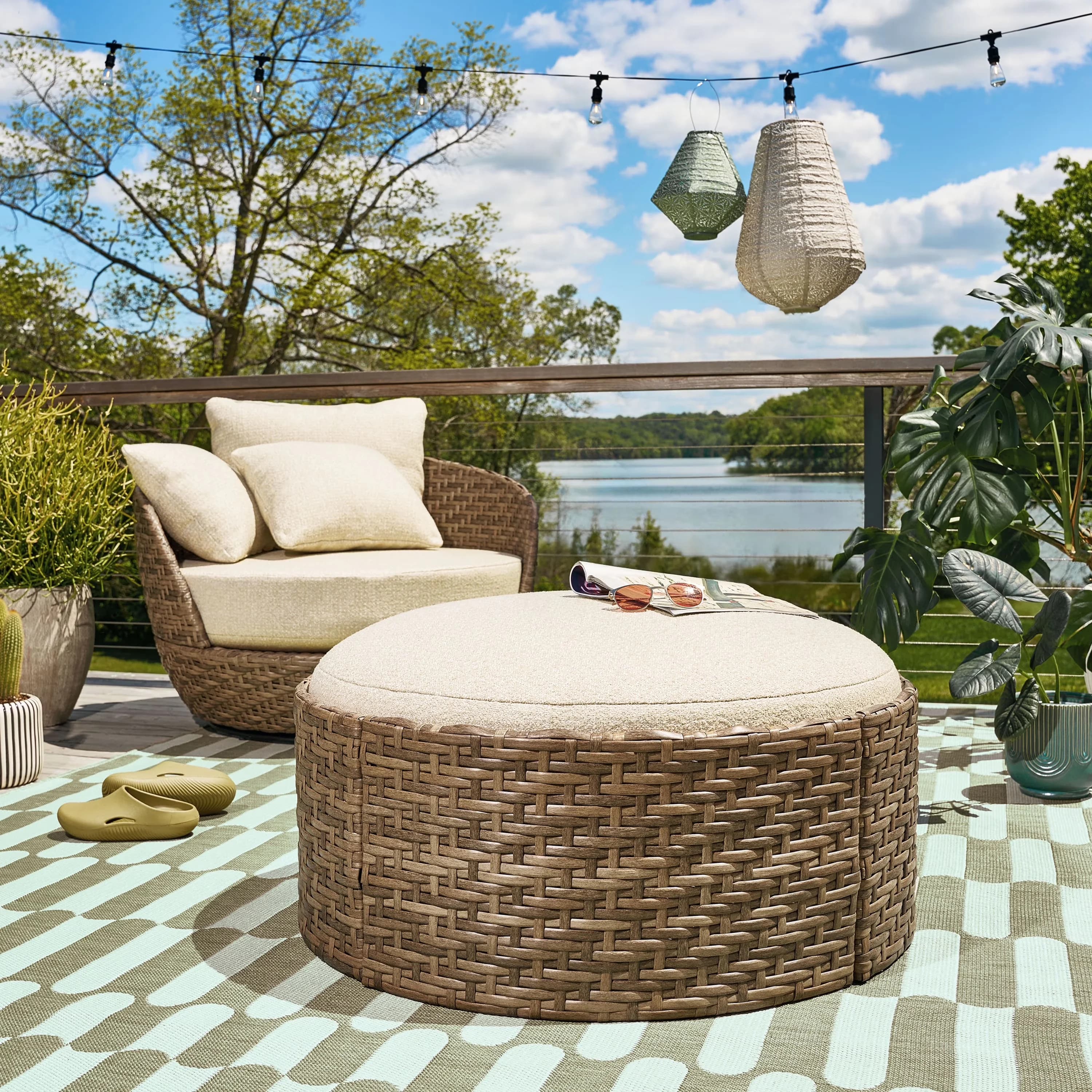 Quality Patio Conversation Set with Tray Top, Fade Resistant, Cover by Drew Barrymore - Steel, Resin Wicker,Cushions Porcini Model 8AD2B6