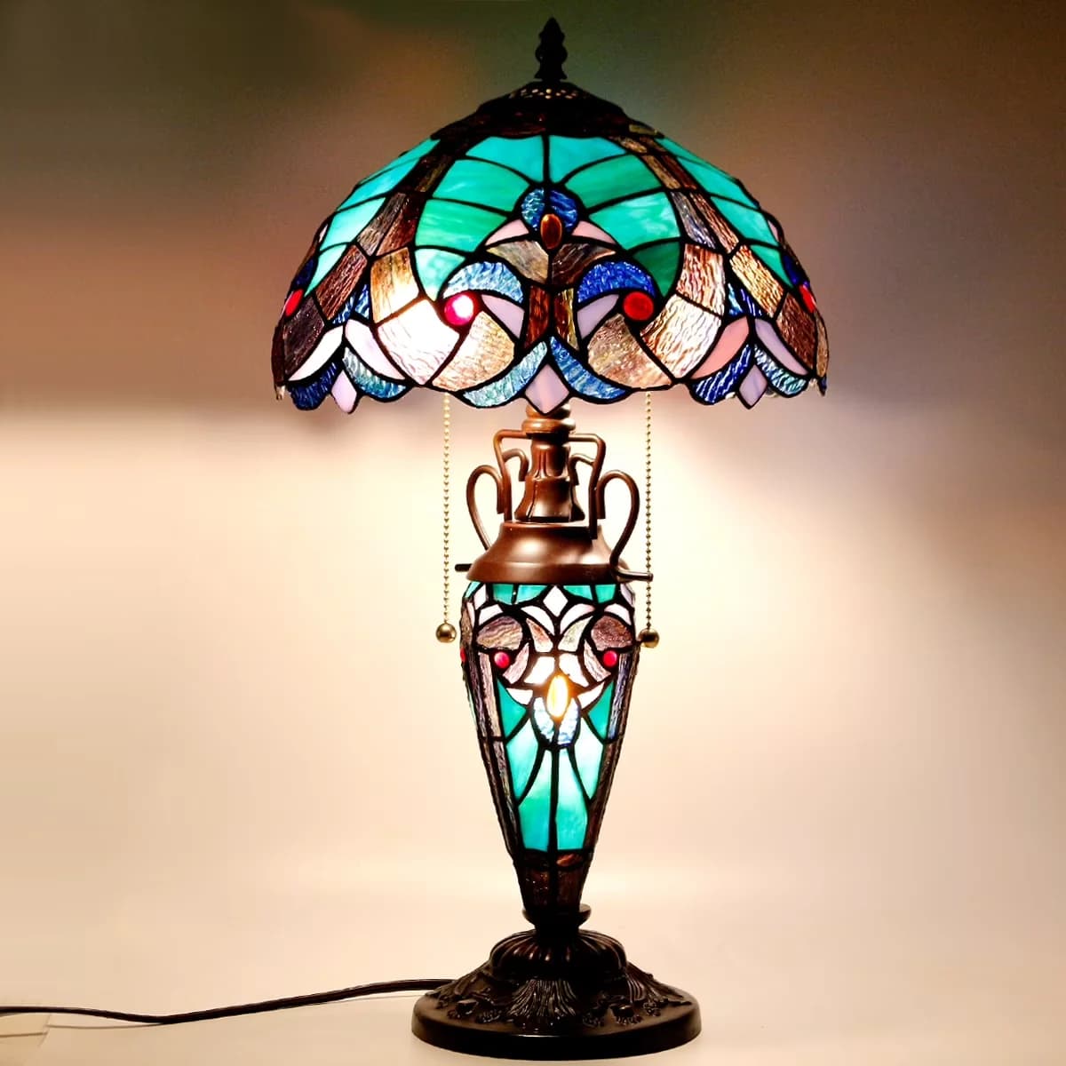Compact Floor Lamp with LED, Tiffany, Tiffany Lamps - Bronze, Beige, Brown, Green Resin Model 497A4F