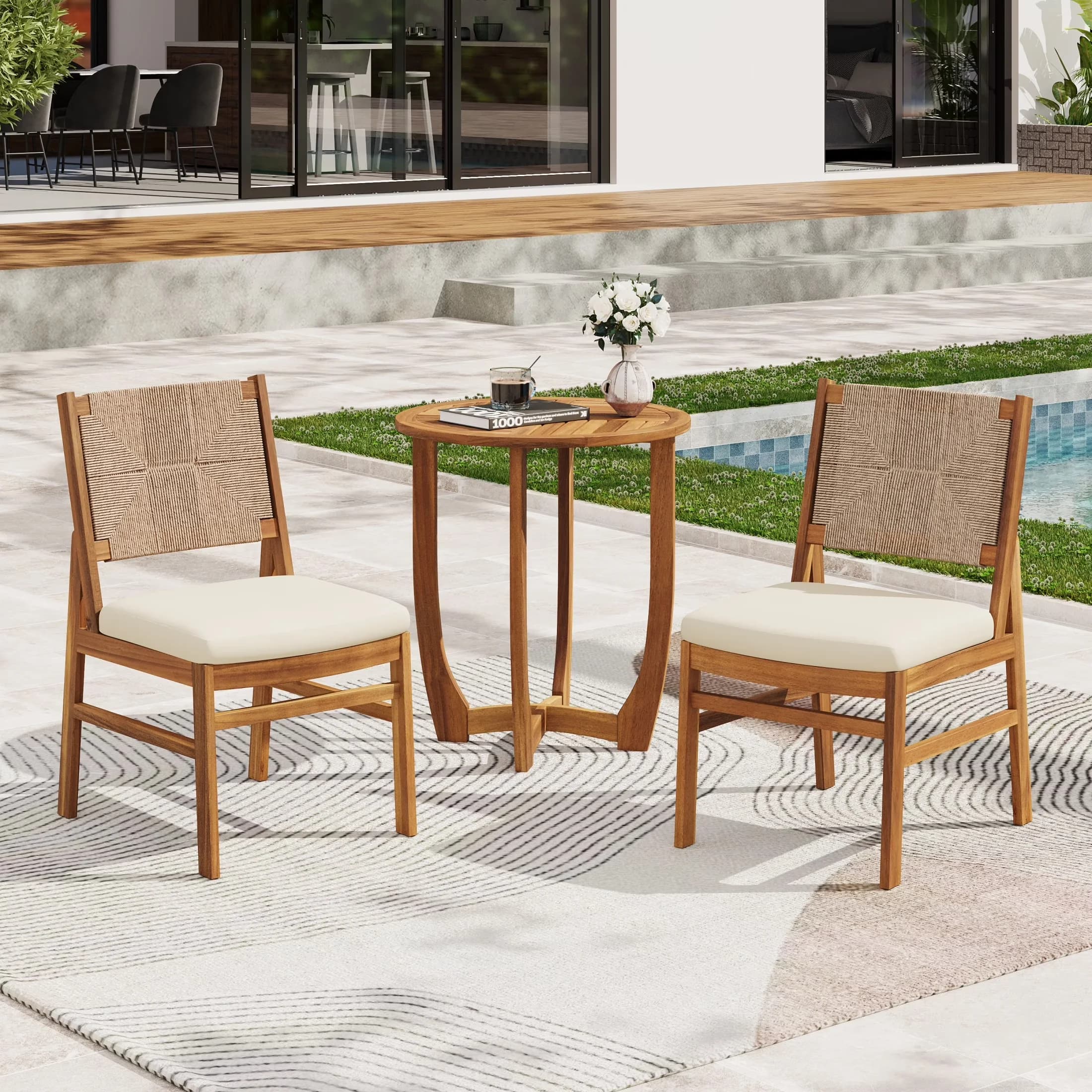Durable Patio Dining Set with Water-Resistant, Frame Material: Acacia Wood + Wicker - Acacia Wood + Wicker + Fabric Brown Model DAAE22