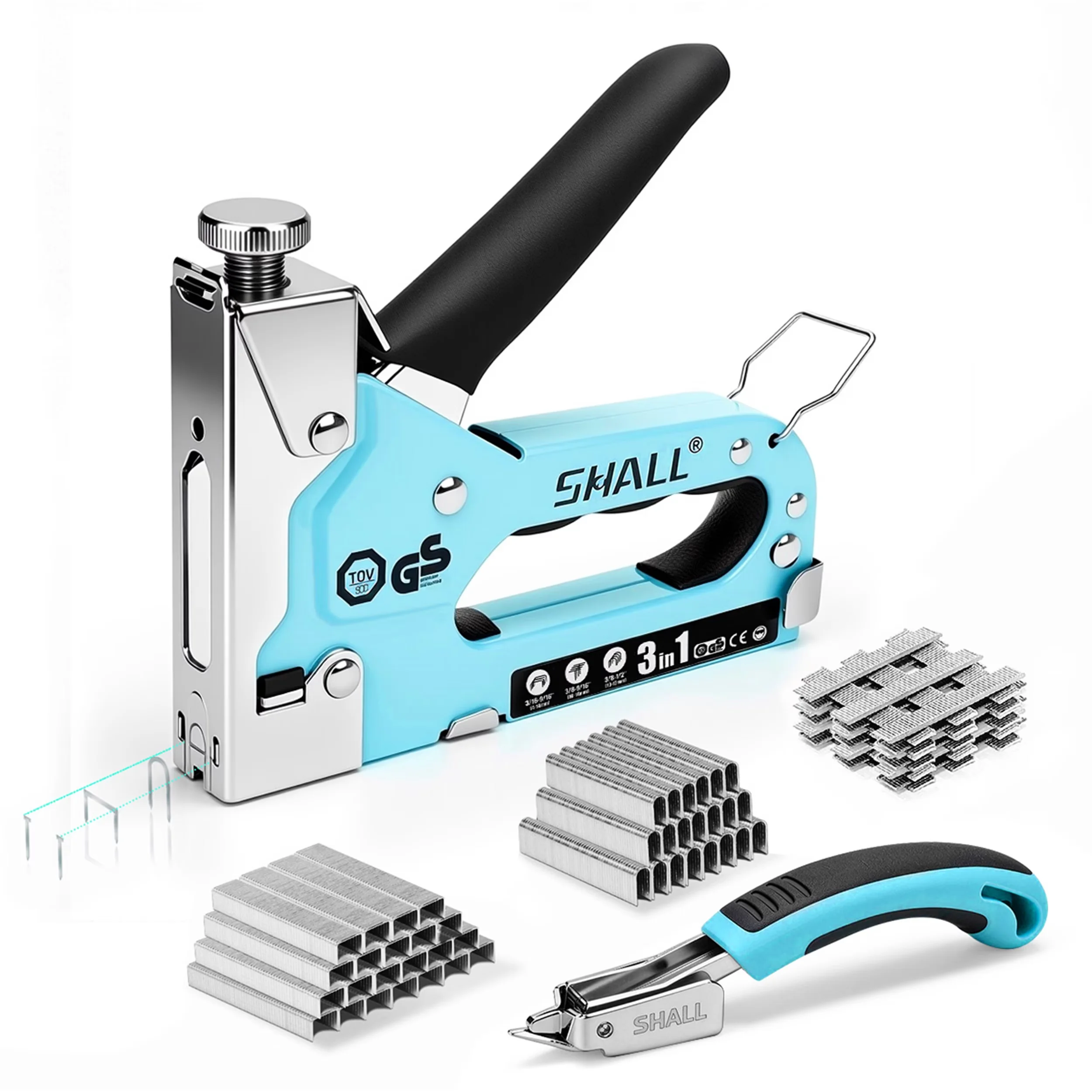 Power Tool Sleek with Adjustable, 3-in-1 Upholstery Staple Gun Kit, Staple Remover - Blue Model C35D3A