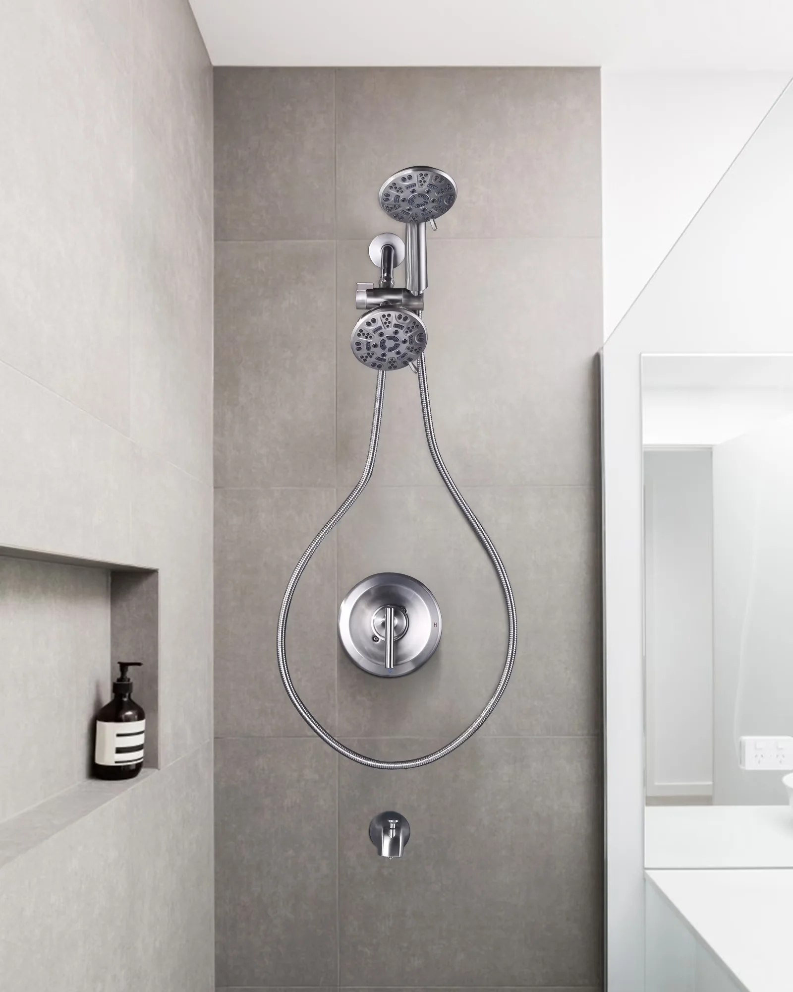 Compact Shower Head with Adjustable Flow Rate, Pressure Balance, Adjustable Temperature - Brass Silver Model 01C7DC