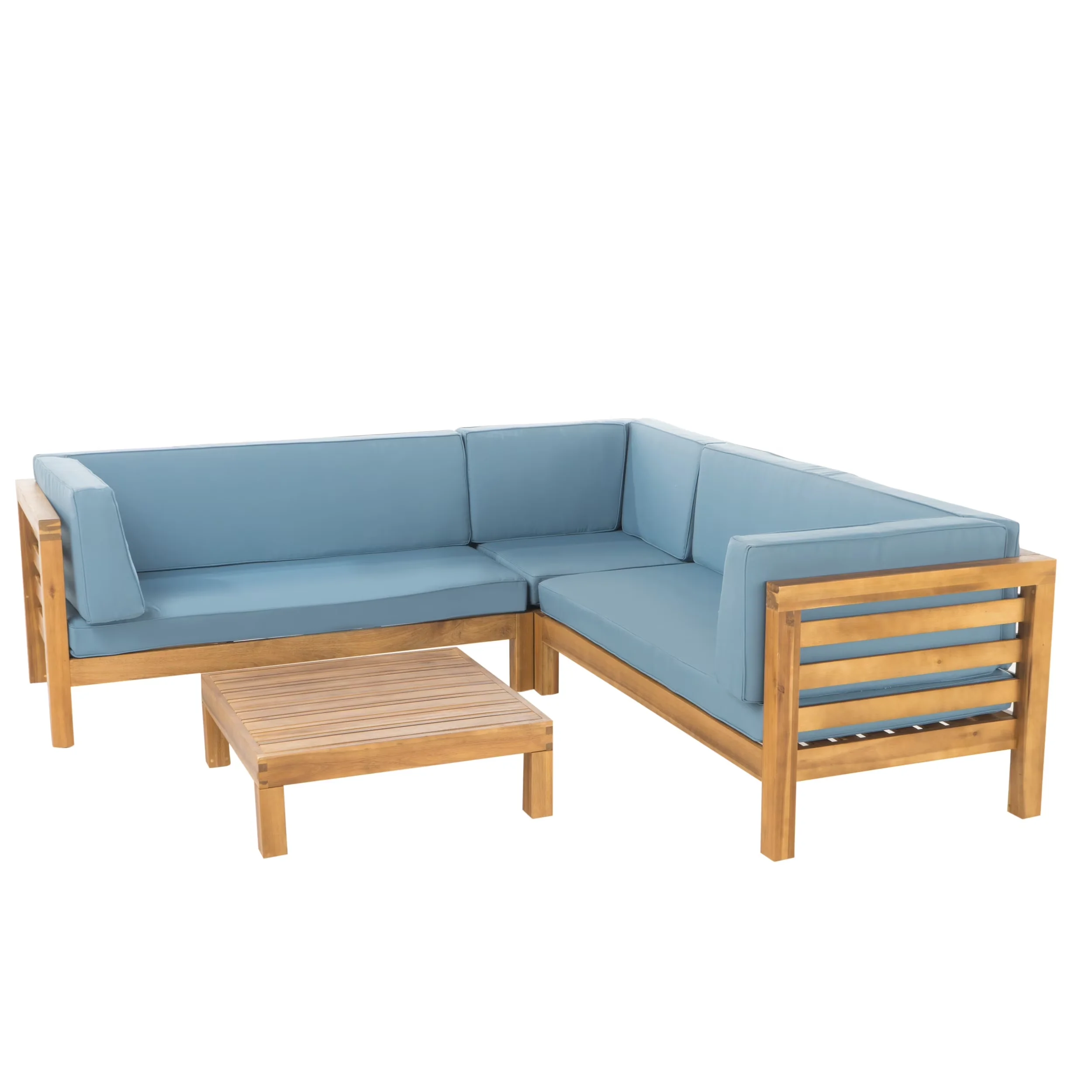 Outdoor Sofas Sectional Sleek with Weatherproof, Cushion Color: Blue - Wood Brown Model 7BBA5E