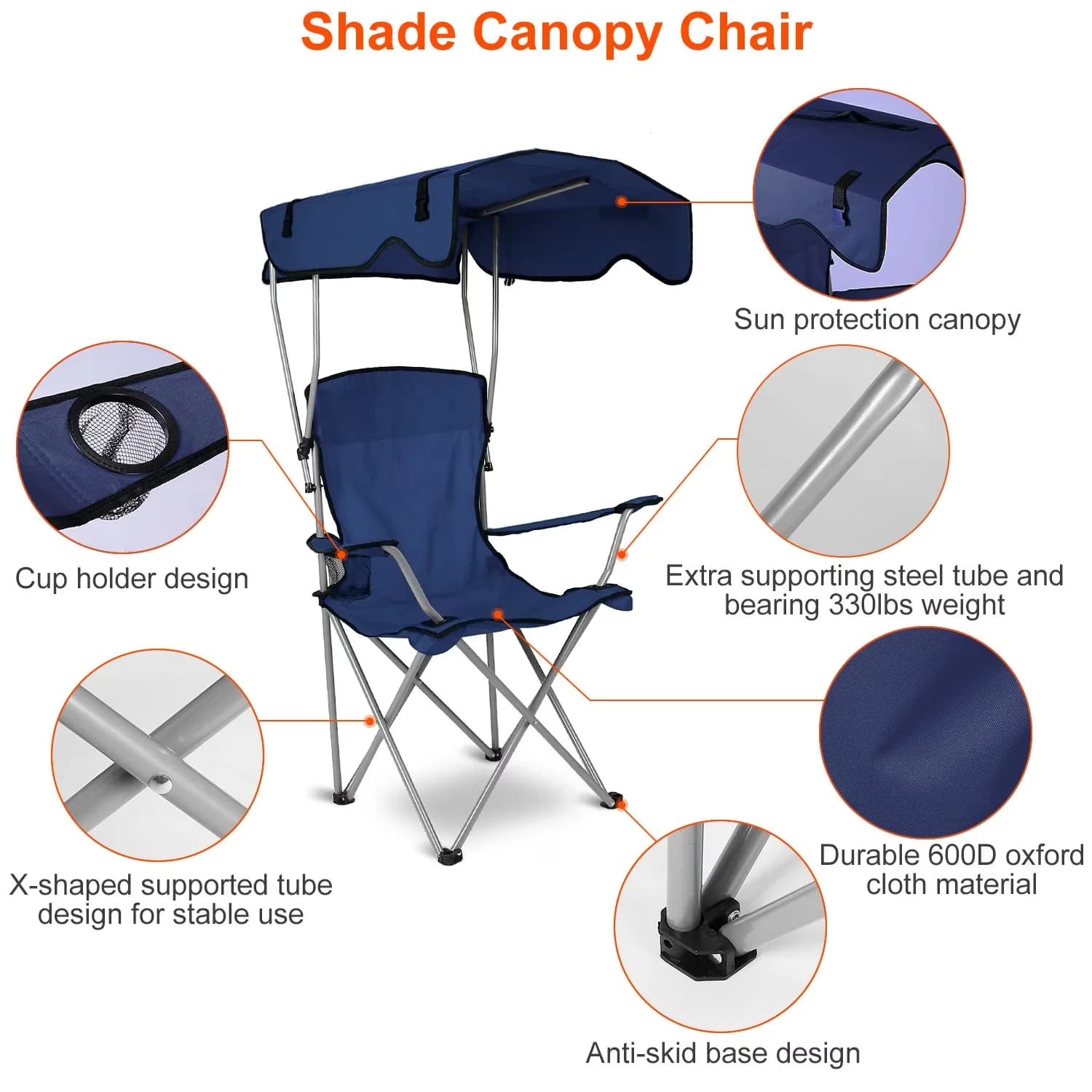 Stylish Beach Chair with Folding, Upgraded, Canopy Shade - Blue 600D Oxford Cloth & Steel Tube Model 19BF6E