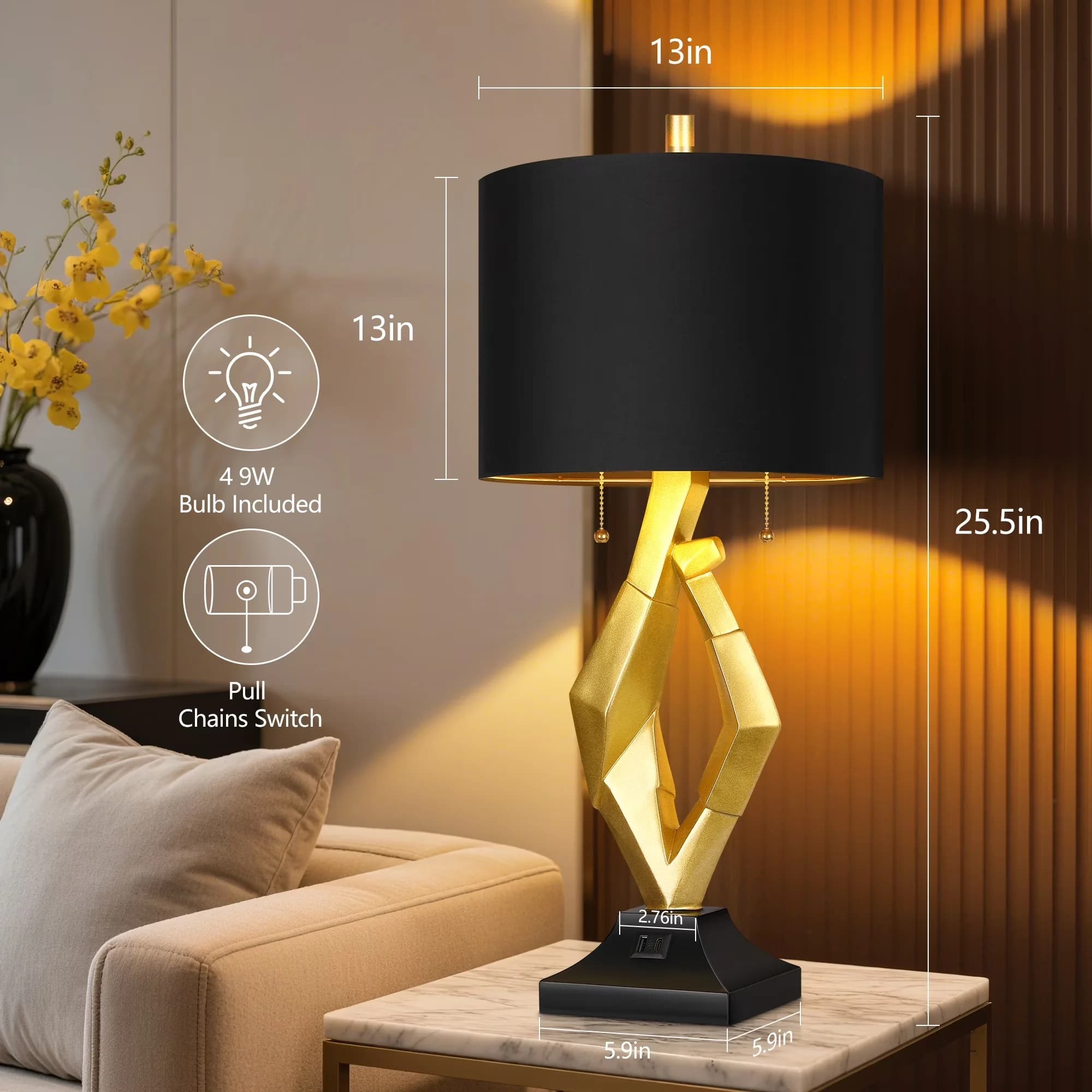 Efficient Table Lamp with LED, Usb Port, Minimalist - Resin Gold 5in - Sleek Profile Model F6A070