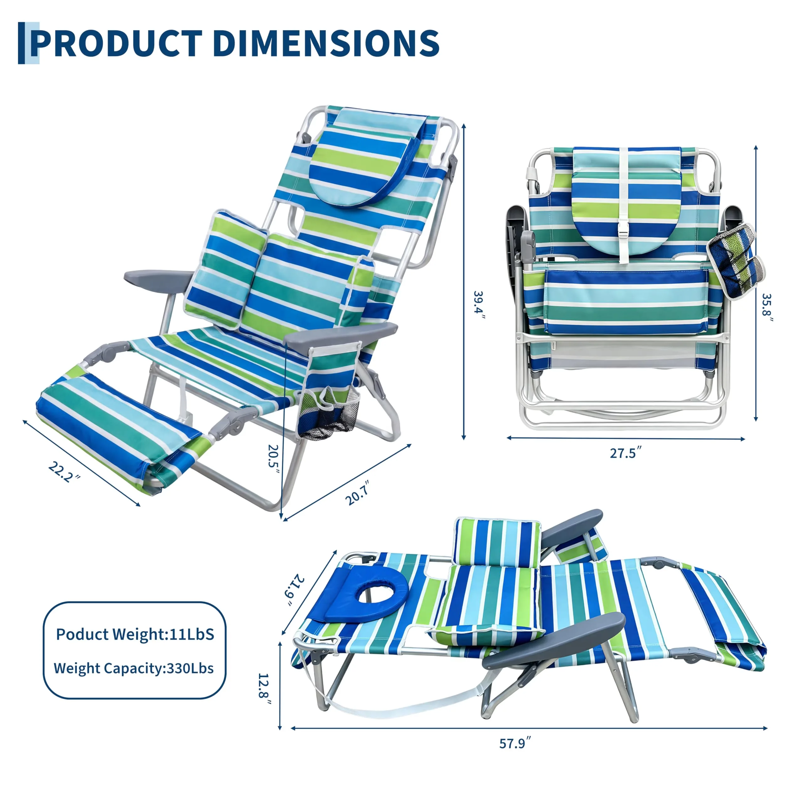 Efficient Beach Chair with Adjustable, Storage Pocket, Face Hole - 2 Pack Model D6DB2E