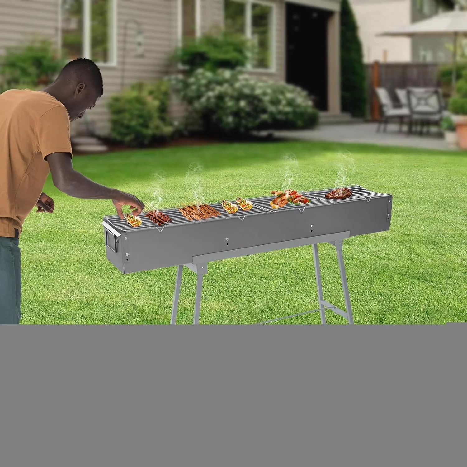 Flat Top Grill Essential with Portable, Camping Barbecue Charcoal, 26" H Zinc-Iron Alloy BBQ - Gray Zinc-Iron Alloy for Party, Garden Model 64EAC1