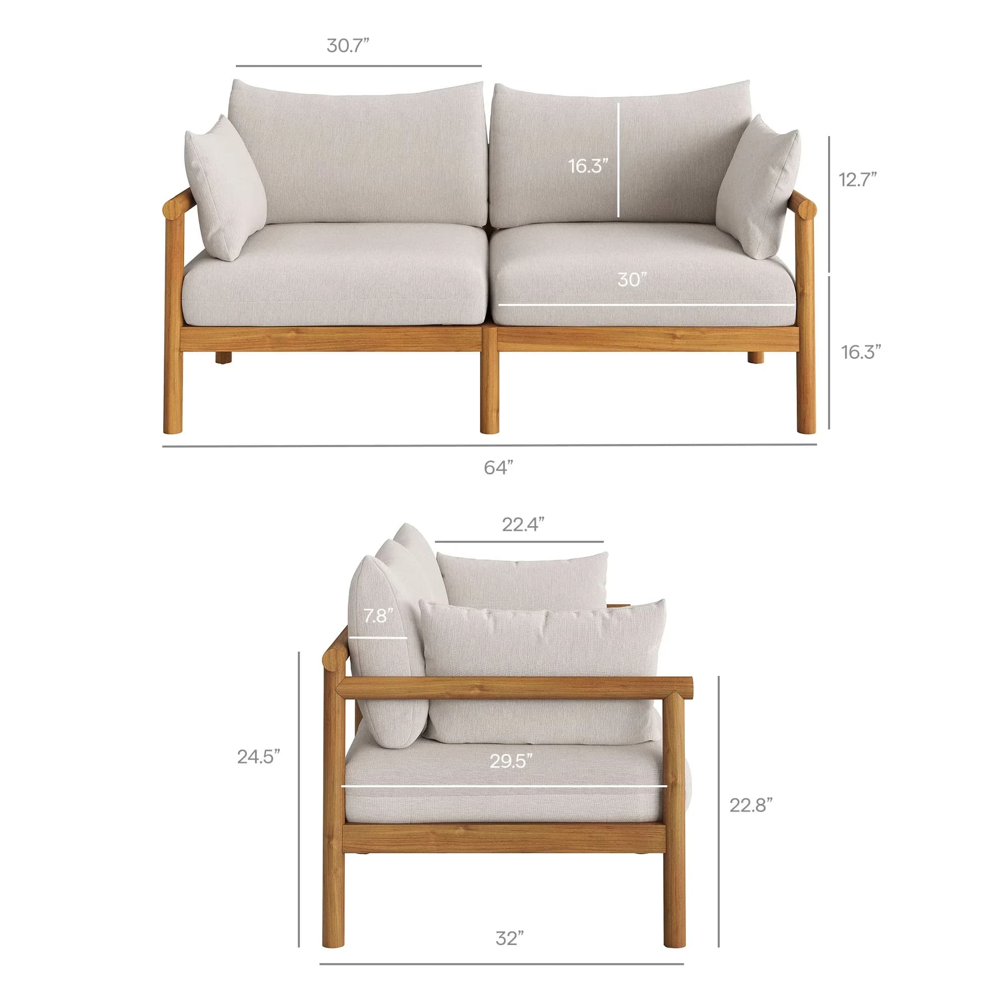 Efficient Patio Conversation Set with Non-Marking Foot Caps, Removable Cushions - Wood White Model A13613