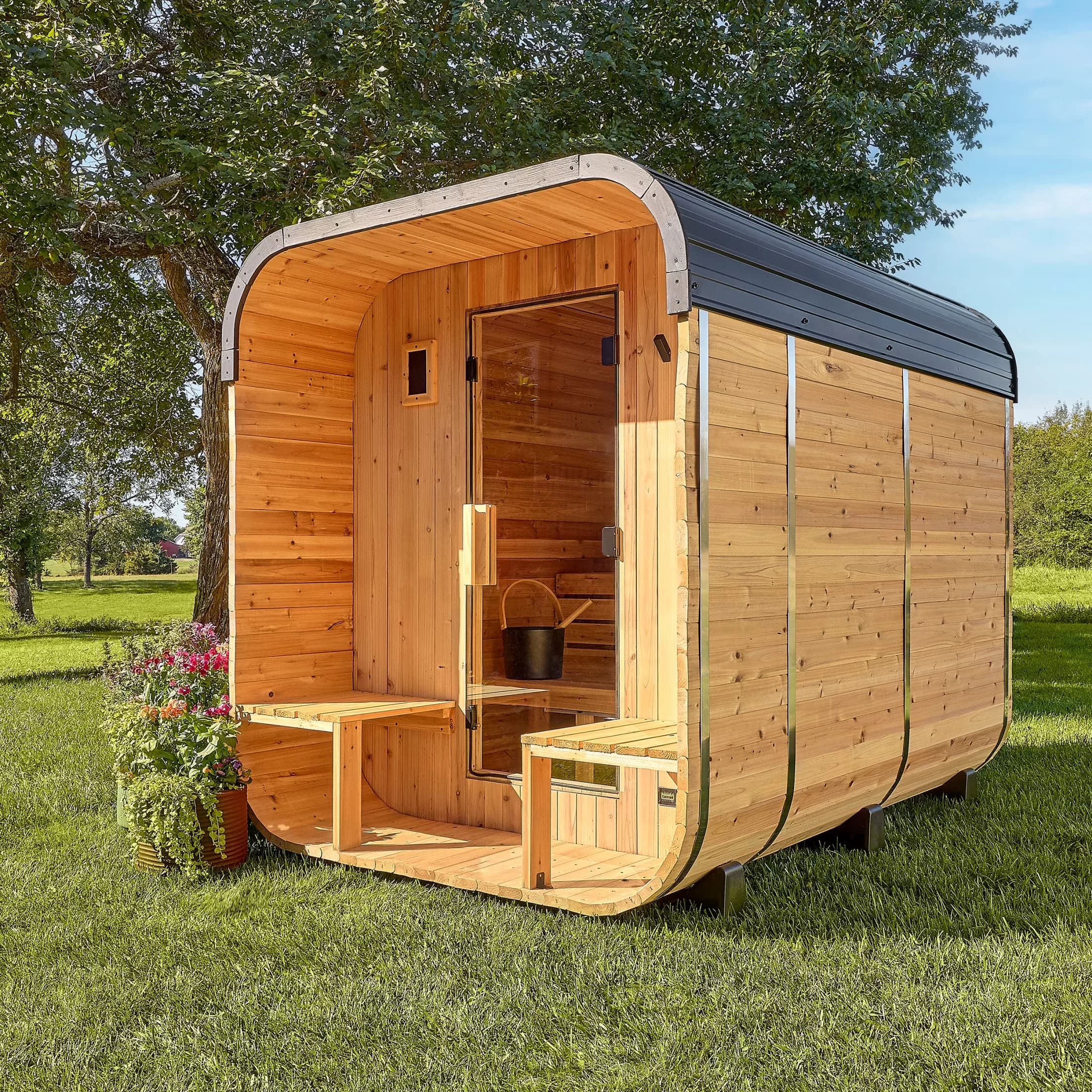 Outdoor Heating Classic with Lennon 4-6 Person Cedar Cube Sauna, Porch - Model 9E79C9