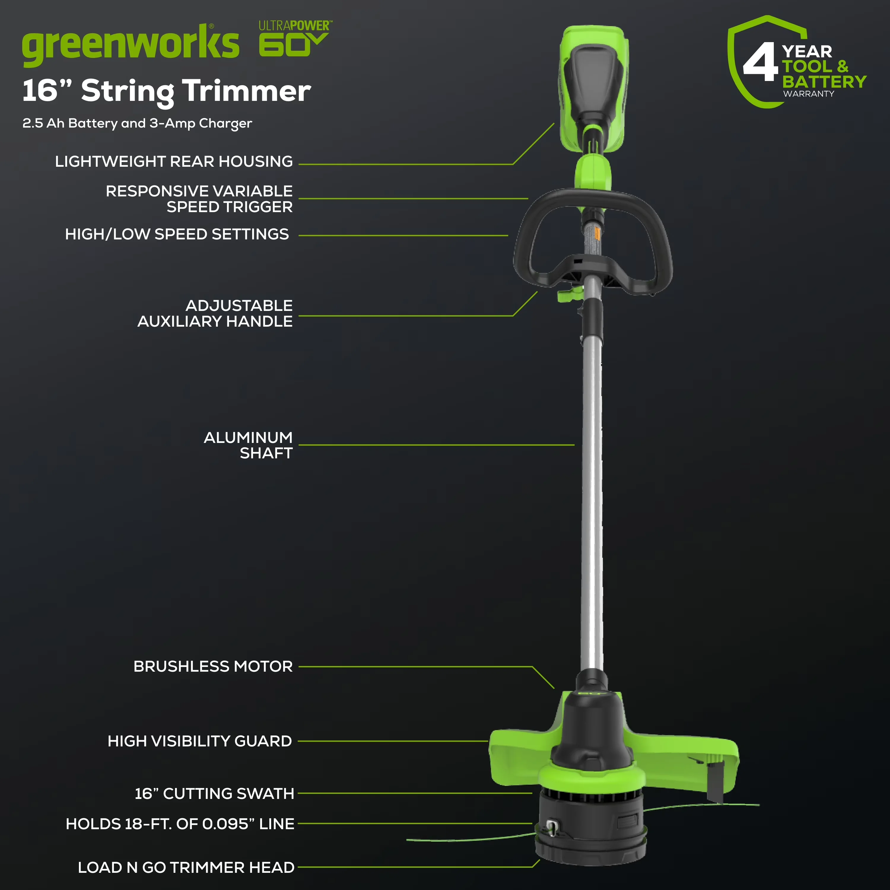 Versatile String Trimmer with Battery, 60V, Brushless - Green for Multiple Applications Model FA143A