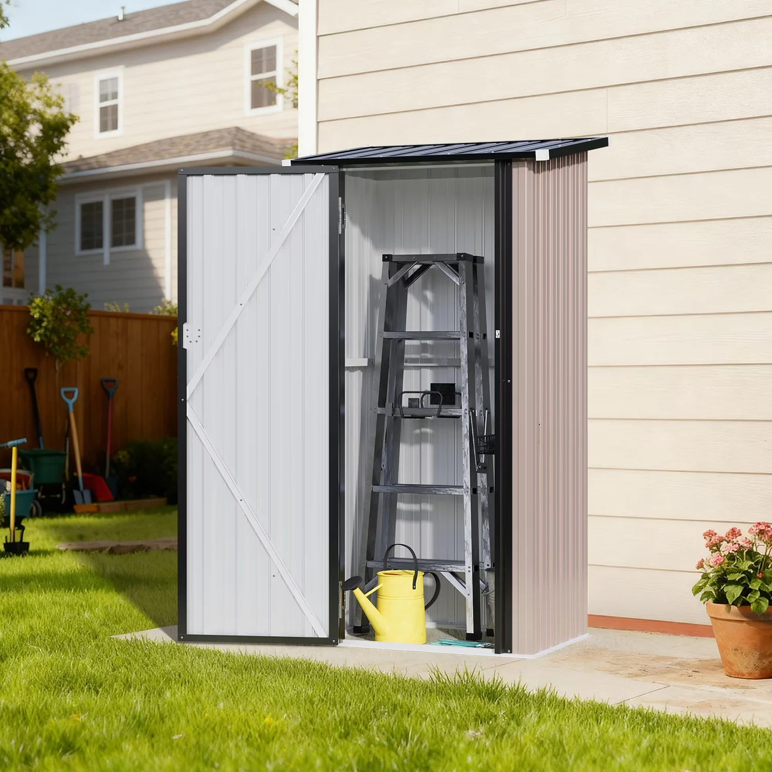 Shed Quality with Lockable Door, Metal Tool, 3x3 ft Small Outdoor Storage - Brown Steel for Garden Model B67F14