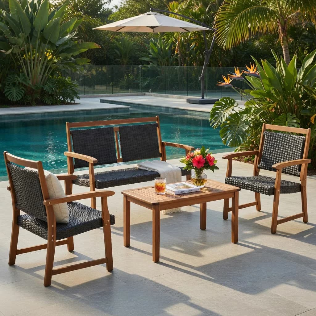 Modern Patio Conversation Set with Single Sofas & Coffee Table, Solid Acacia Wood Frame, Weather-Resistant PE Rattan Loveseat -... Model 0FB0B2