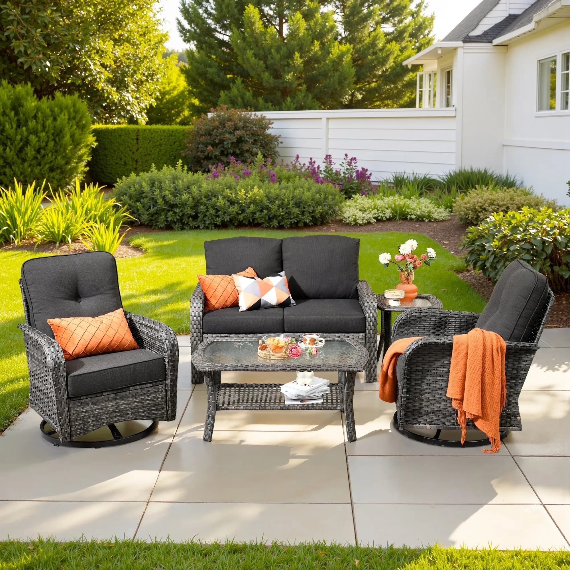 Efficient Patio Conversation Set with Weatherproof, Portable, Swivel Chairs & Coffee Table - Wicker Model A23AAA