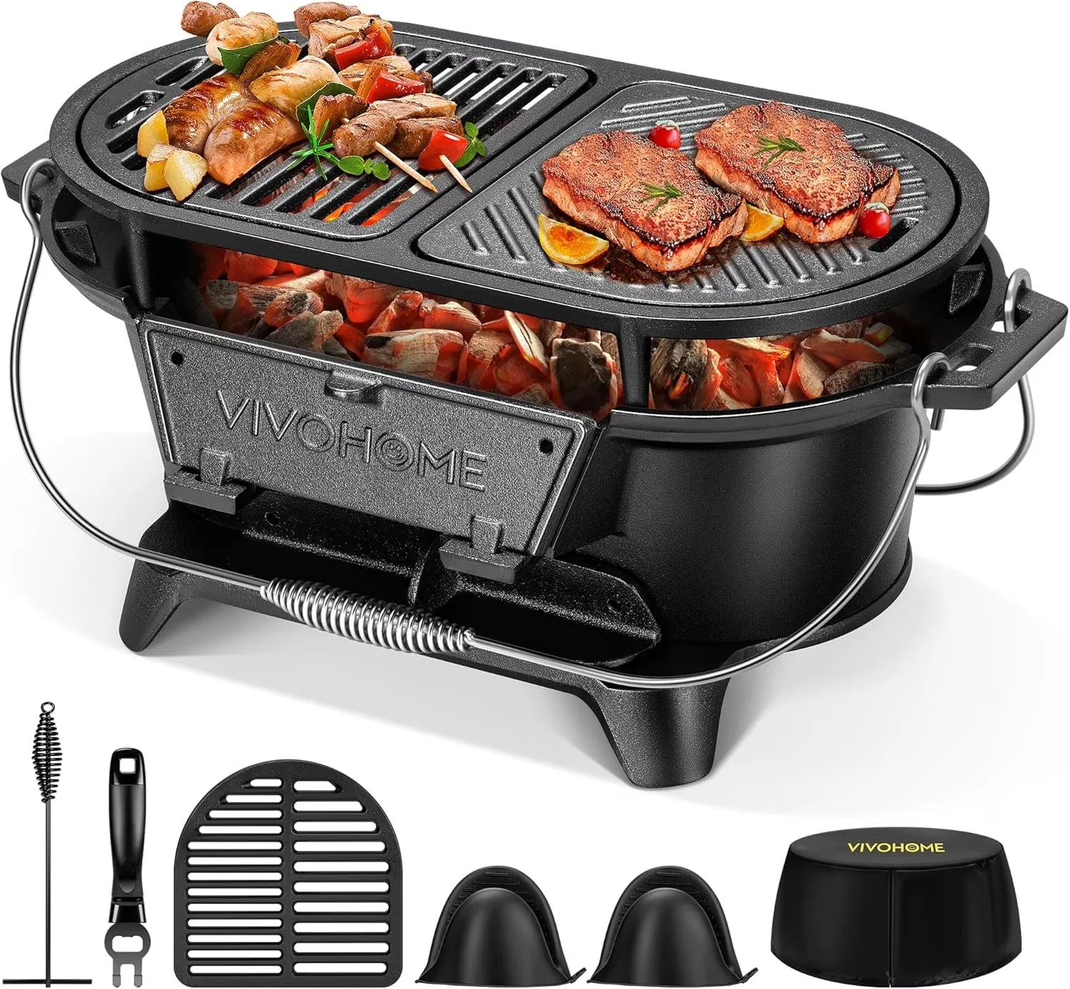 Innovative Flat Top Grill with Dual-Function Grill Tool, 2 Furnace Doors, Interchangeable Grates & Griddle - Iron Black Model AA0FCB