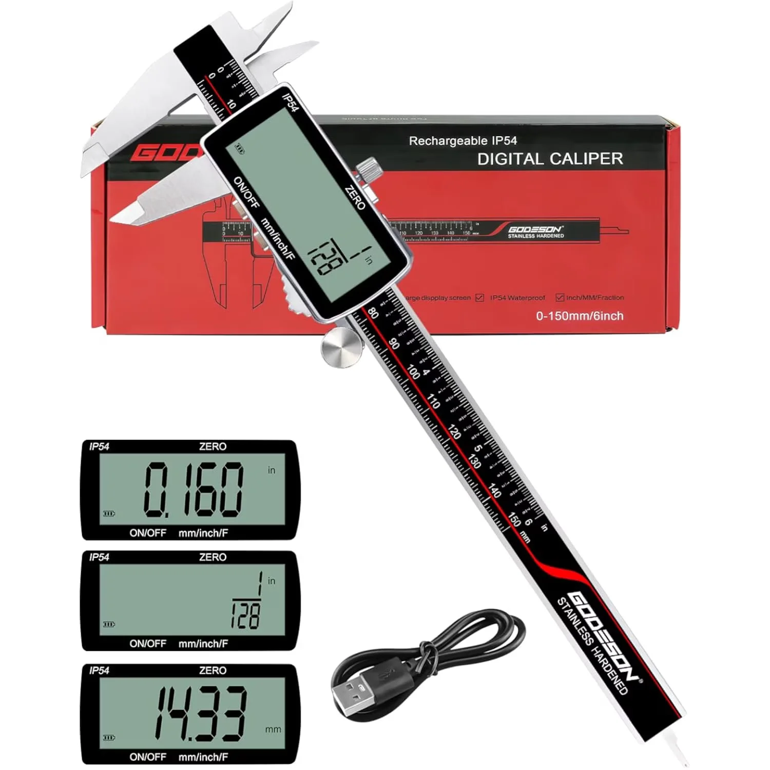 Measuring Layout Modern with Digital Caliper, 6" Calipers-Auto Off - Black, Silver Iron, Metal Model 2F0235