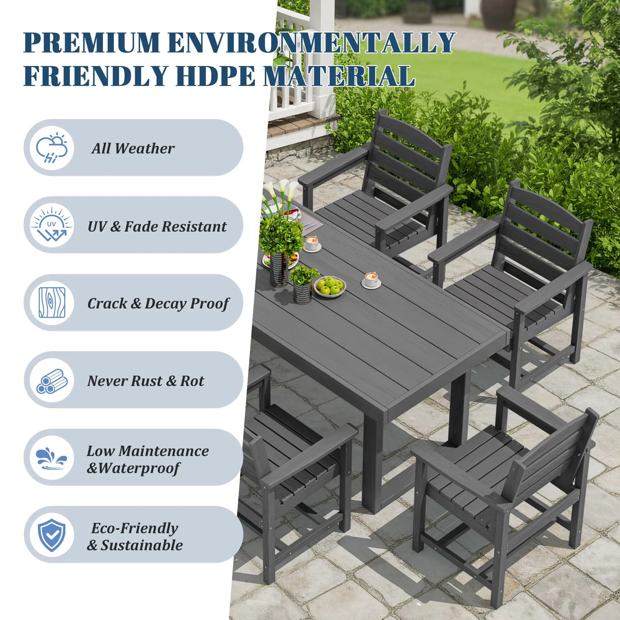 Durable Patio Dining Set with Umbrella Hole, All-Weather HDPE Table and Chairs, Rectangular Table - Model B3574C