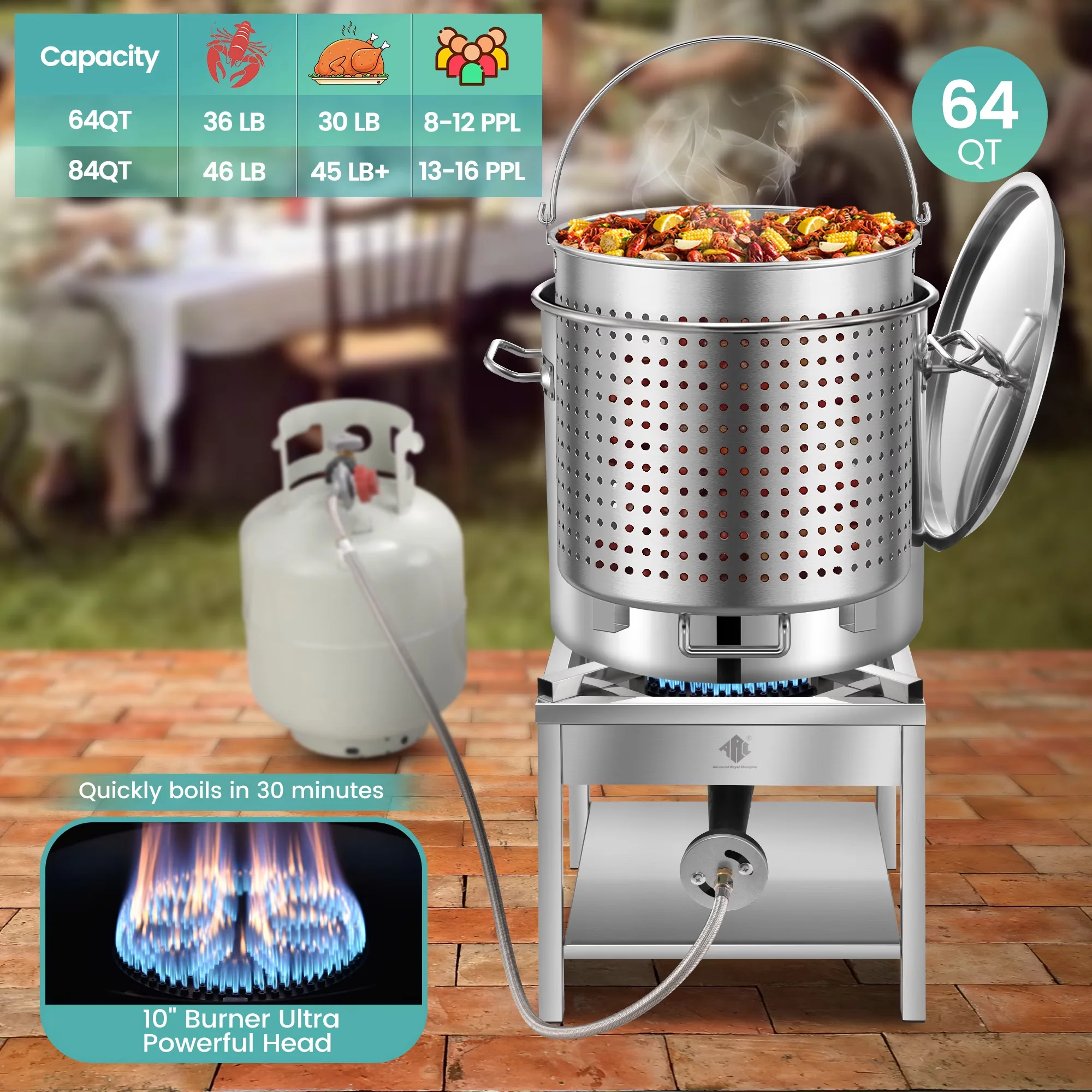 Essential Outdoor Fryer with 200000 BTU, 64QT Stainless Steel Seafood Boil Pot, w/Basket - Stainless Steel Silver for Outdoor, Large Model AC4961