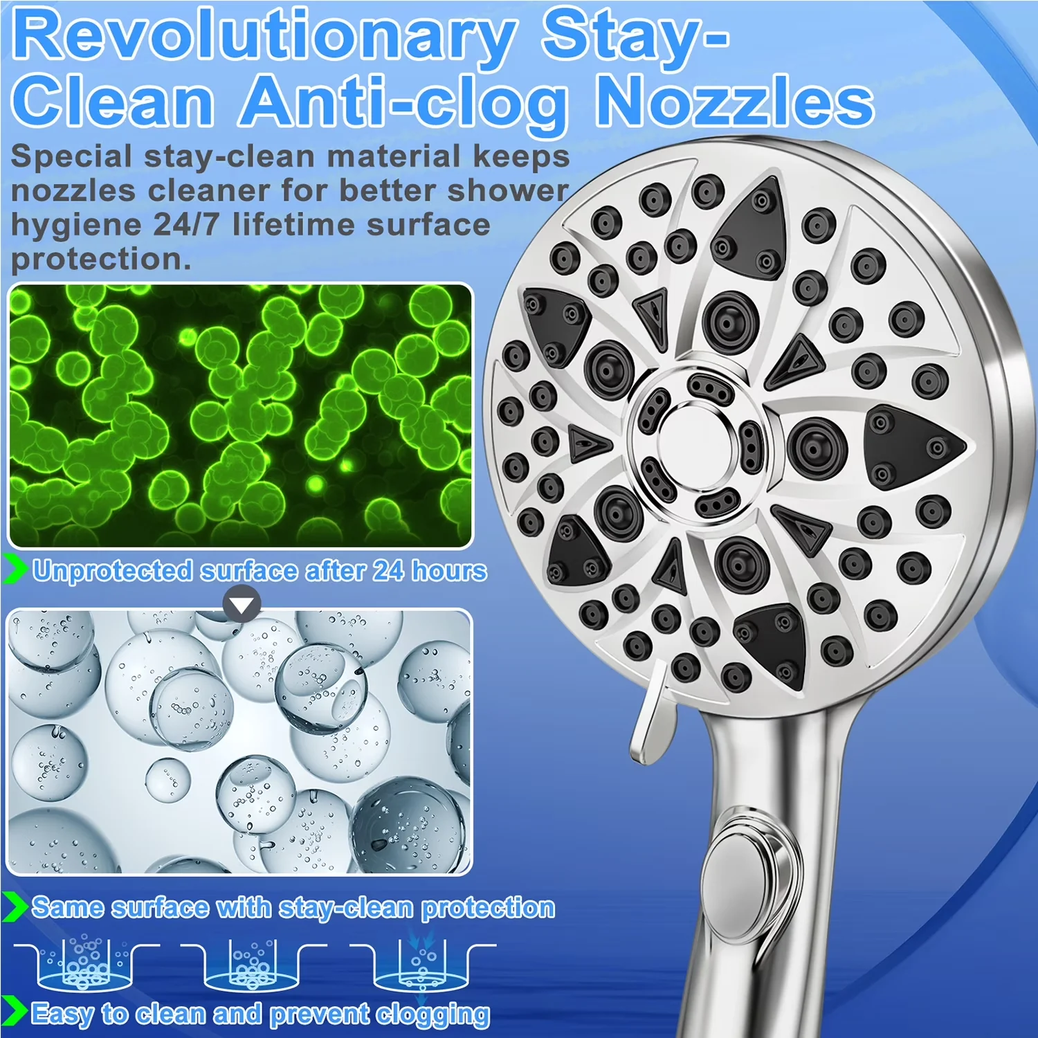 Innovative Shower Head with Adjustable, Water Stop Button, 9 Spray Settings - Silver Stainless Steel Model 99D422