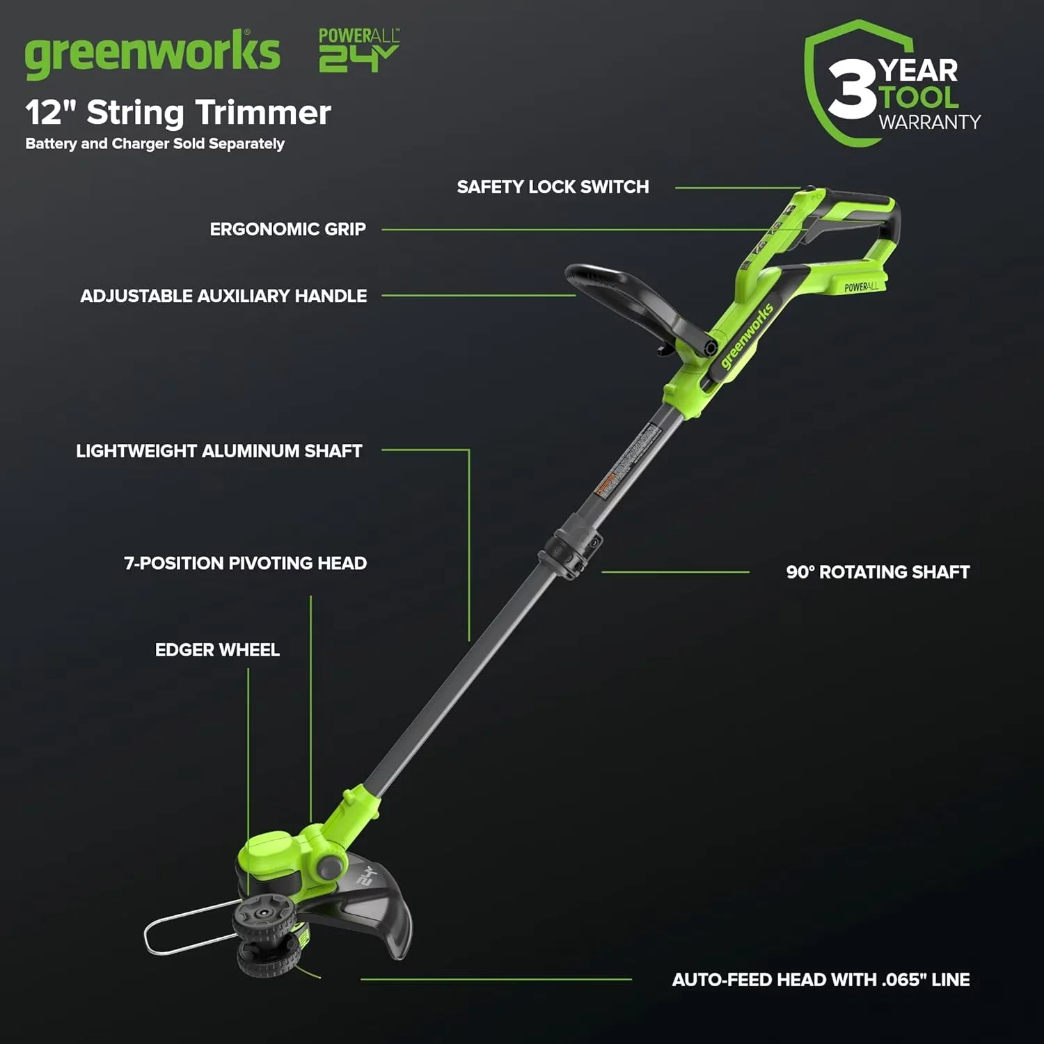 Quality String Trimmer with Battery, 24V, Attachment Capable - Green - Residential Grade Model A32878