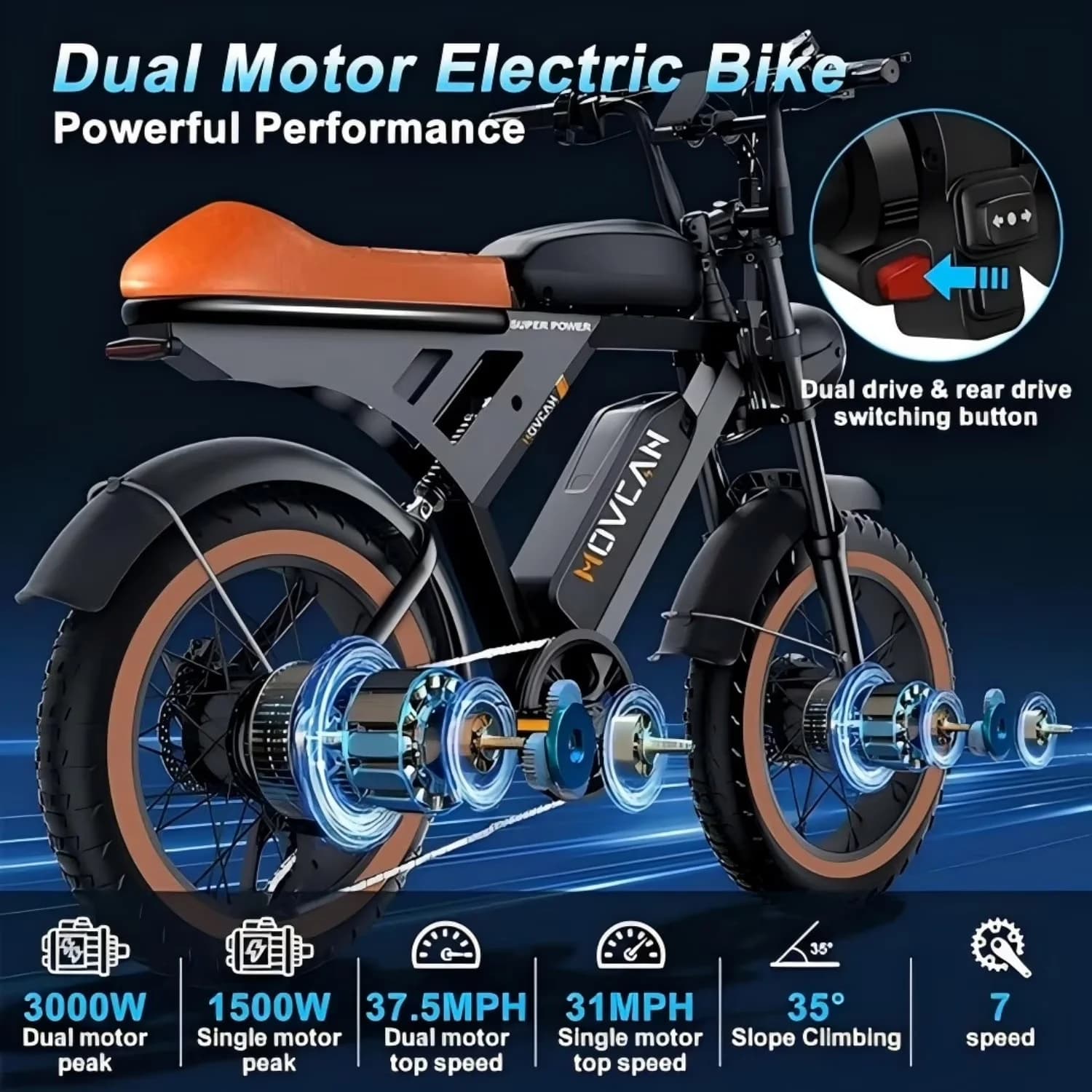 Electric Bike Premium with Battery, 3000W, 37.5MPH Max Speed - Black - Rustic Charm Model DD0952