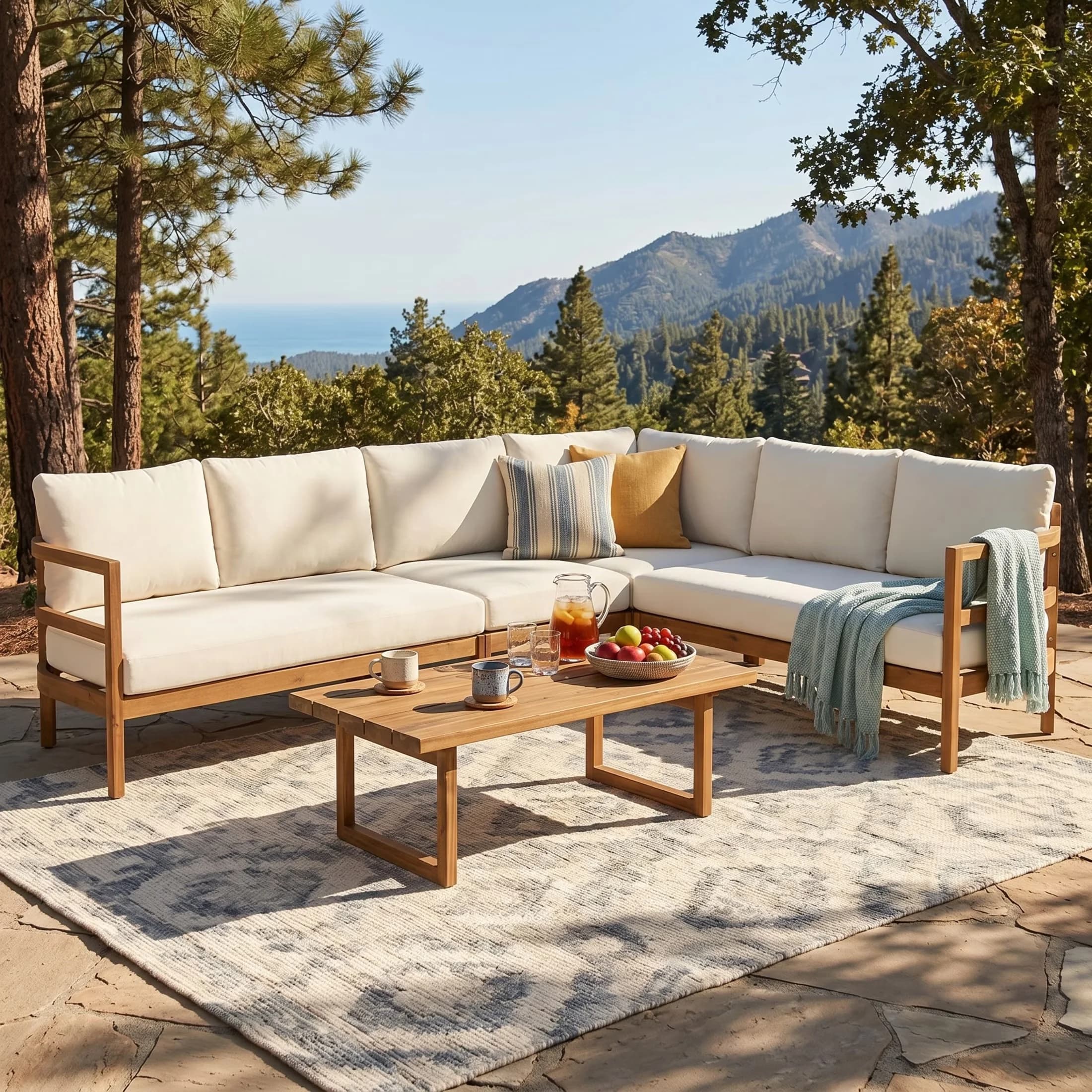 Outdoor Sofas Sectional Innovative with Coastal, 5-Seat Wood Sofa - Acacia Wood + Water Resistant Cushion Beige Model B948F4
