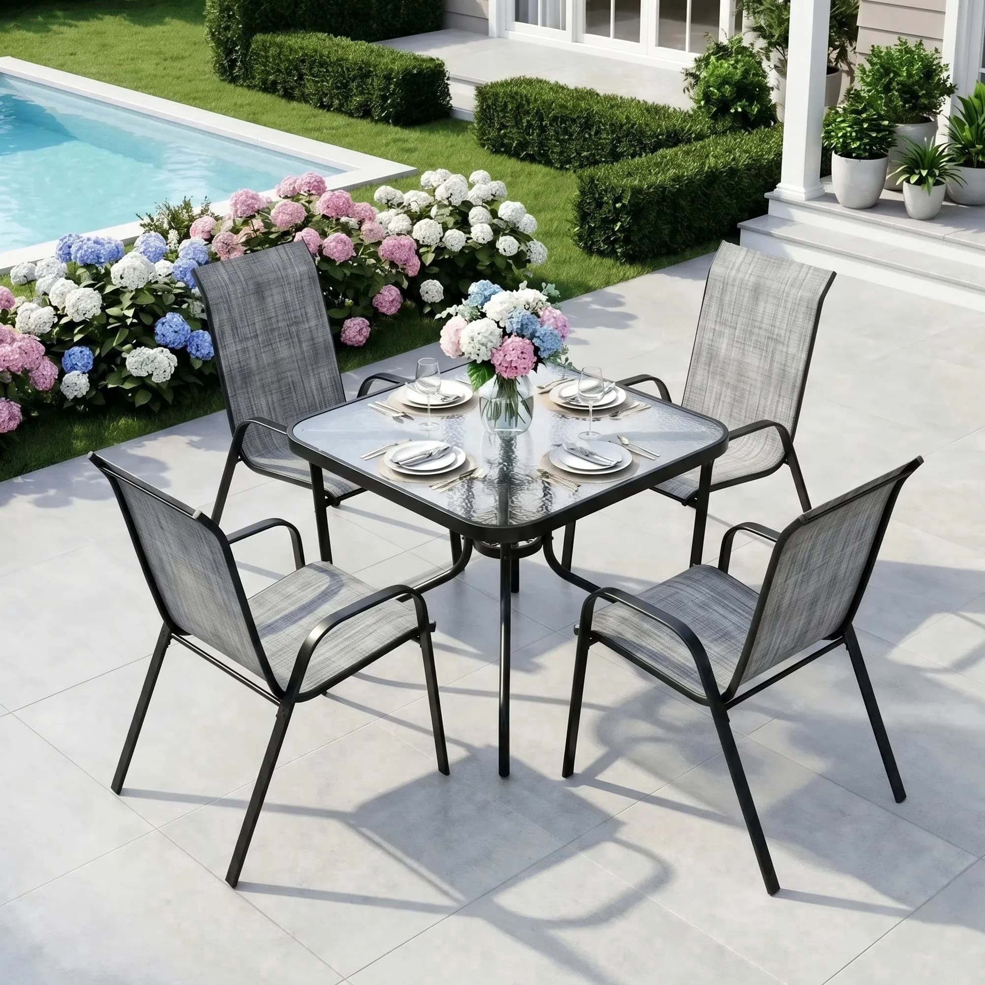 Innovative Patio Dining Set with 5-Piece Outdoor Table, 4 Stackable Textilene Chairs - Steel for Patio, Garden Model 4E1A4B
