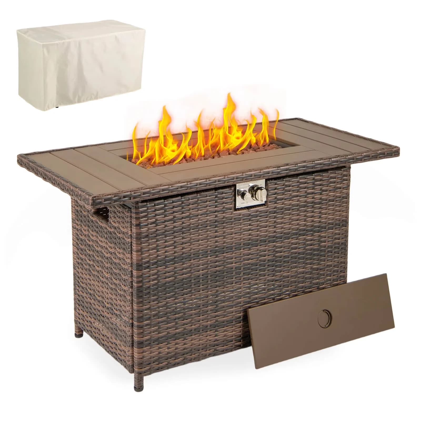 Outdoor Heating Reliable with Adjustable Flame, 44.5" Propane Fire Pit Table - Brown Pe Rattan, Metal, Stainless Steel Model E405A5