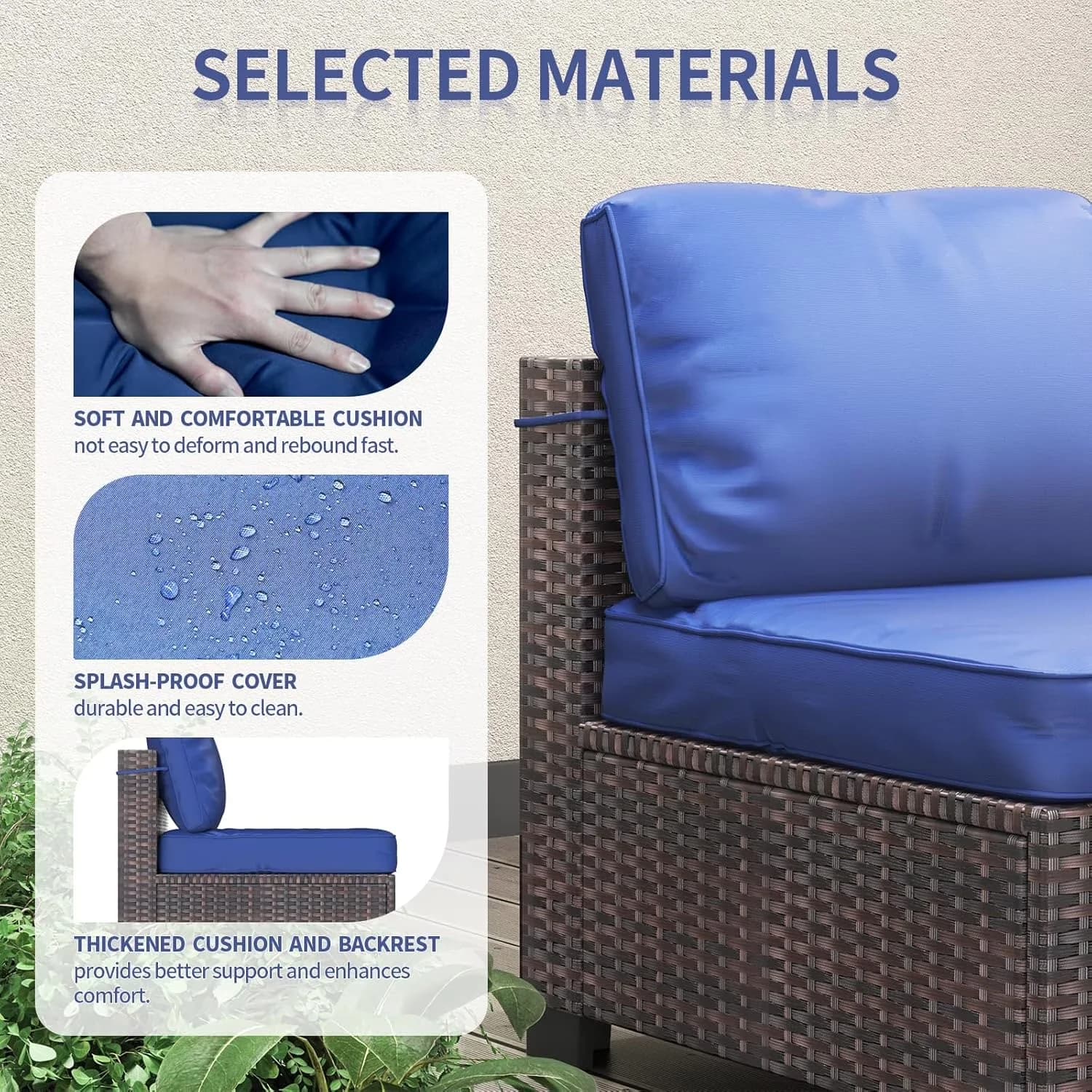 Patio Conversation Set Classic with Funiture 7 Pieces Outdoor Rattan, Glass Top Table Brown + Navy - Blue Aluminum Model 37577D