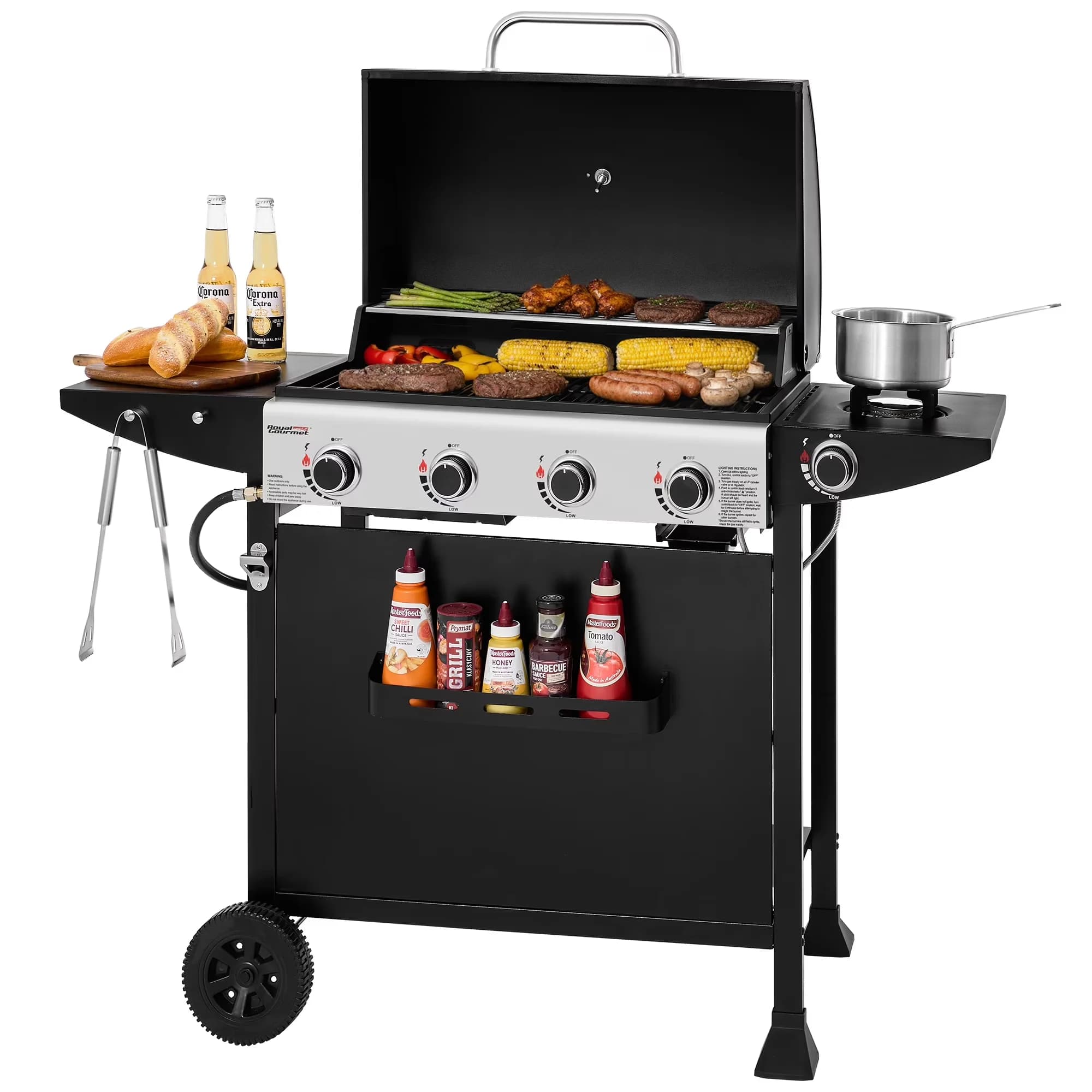 Efficient Gas Grill with Heat Thermometer, Side Burner, Cart Style - Steel (Main Body); Porcelain-Coated Steel Wire (Cooking Grates);... Model 29B091