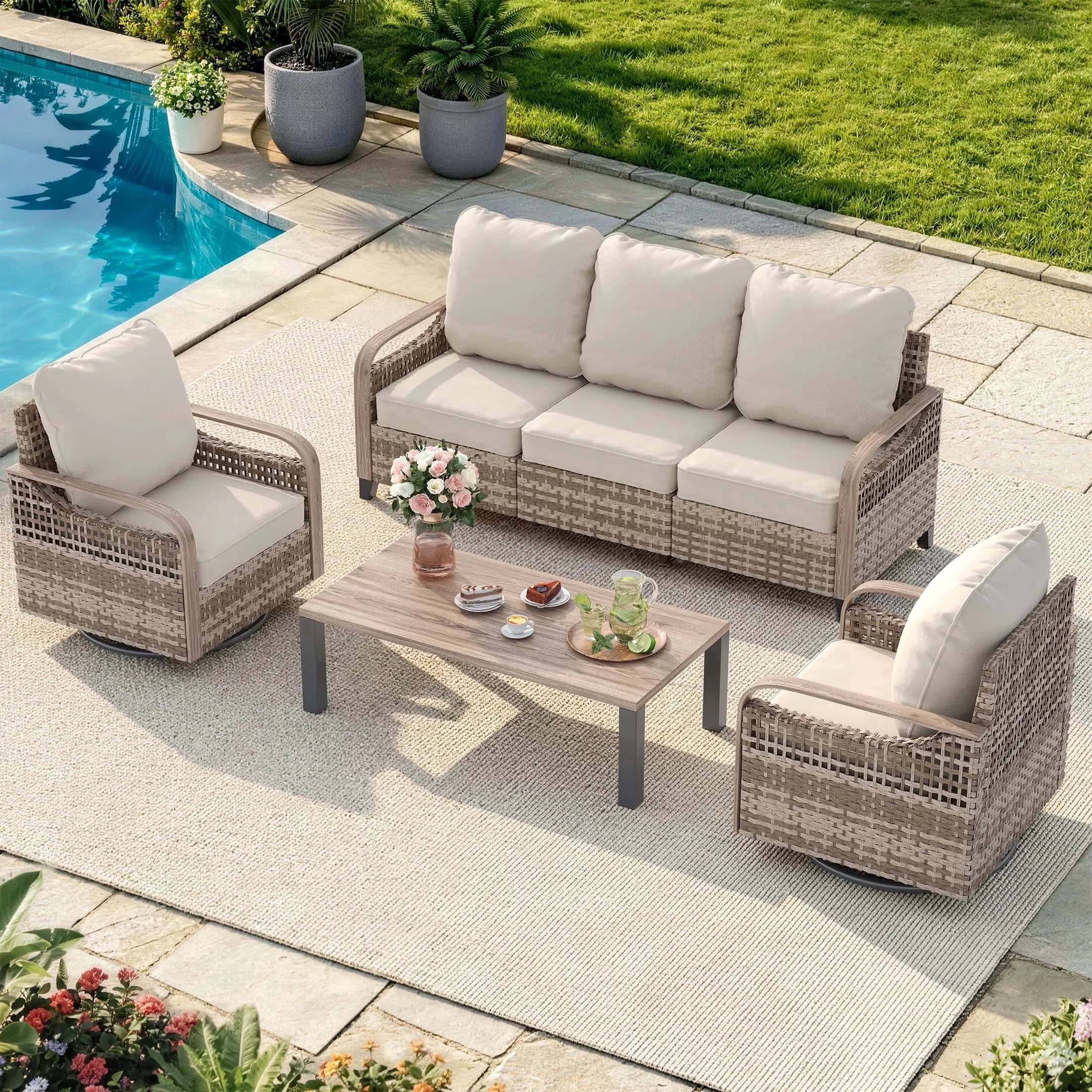 Compact Outdoor Sofas Sectional with Waterproof, Modern, Sofa - Olefin Cloth Beige for Garden Model 6CDDD1