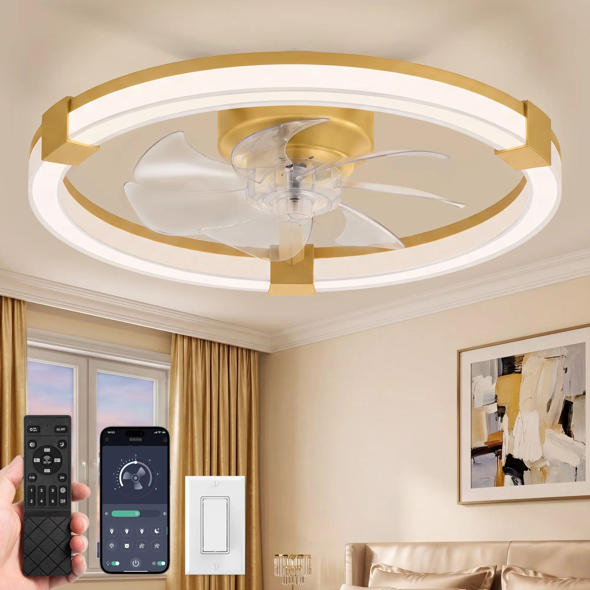 Classic Ceiling Fan with LED, Remote Controlled, Modern - Gold 20in - Compact and Portable Model 343674