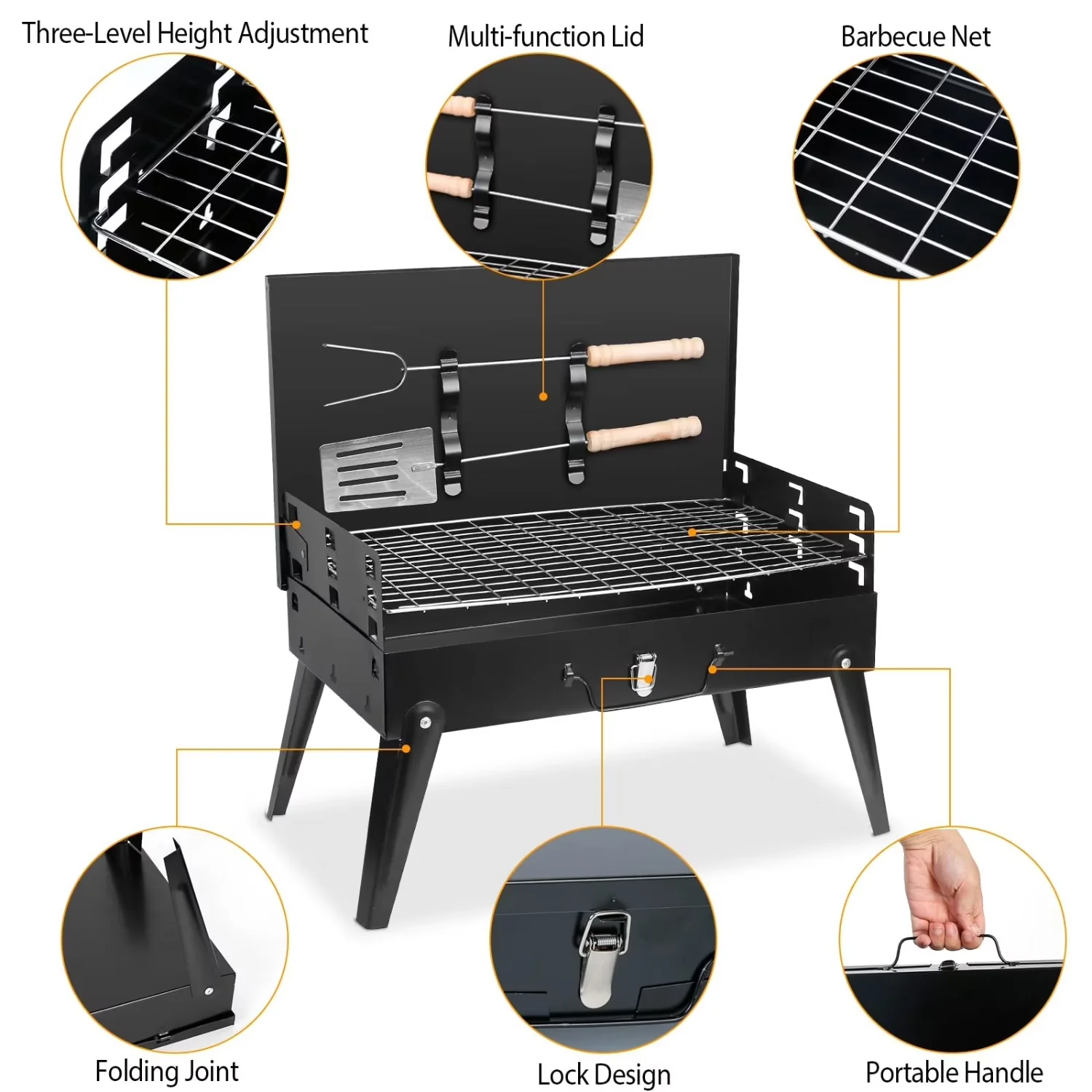Modern Charcoal Grill with Portable, Foldable - Black Metal for Camping Model F77704